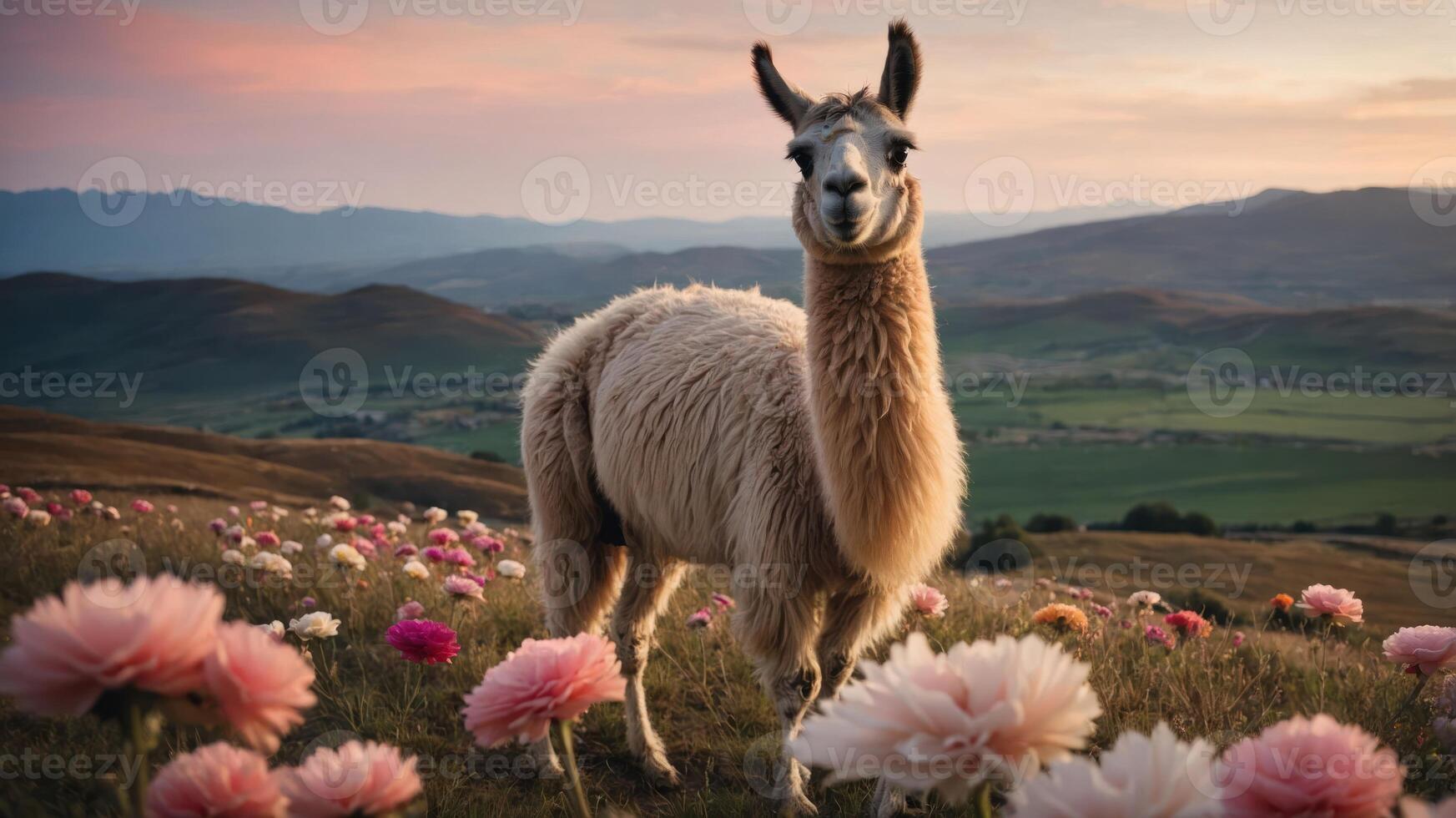 A llama stands amidst vibrant flowers in a picturesque landscape at sunset. photo