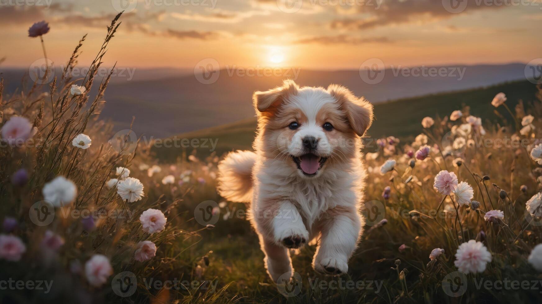 A joyful puppy runs through a field of flowers during sunset, capturing a moment of happiness. photo