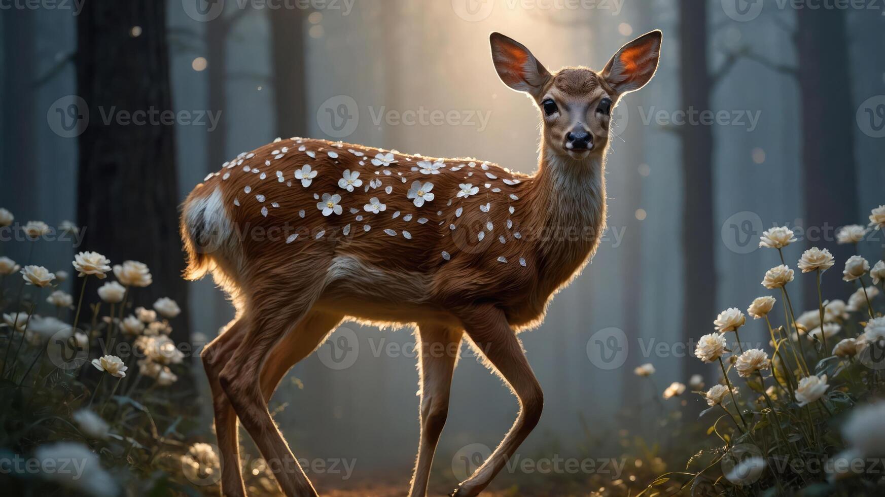 A serene fawn surrounded by flowers in a misty forest, capturing nature's beauty. photo