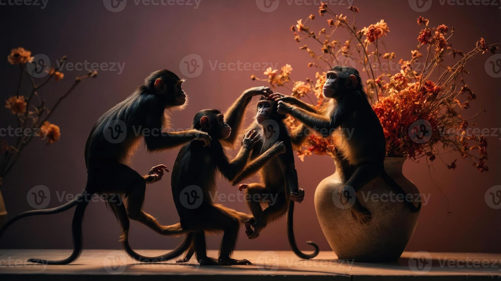 Four monkeys interact playfully around a vase with flowers in a warm-lit setting. photo