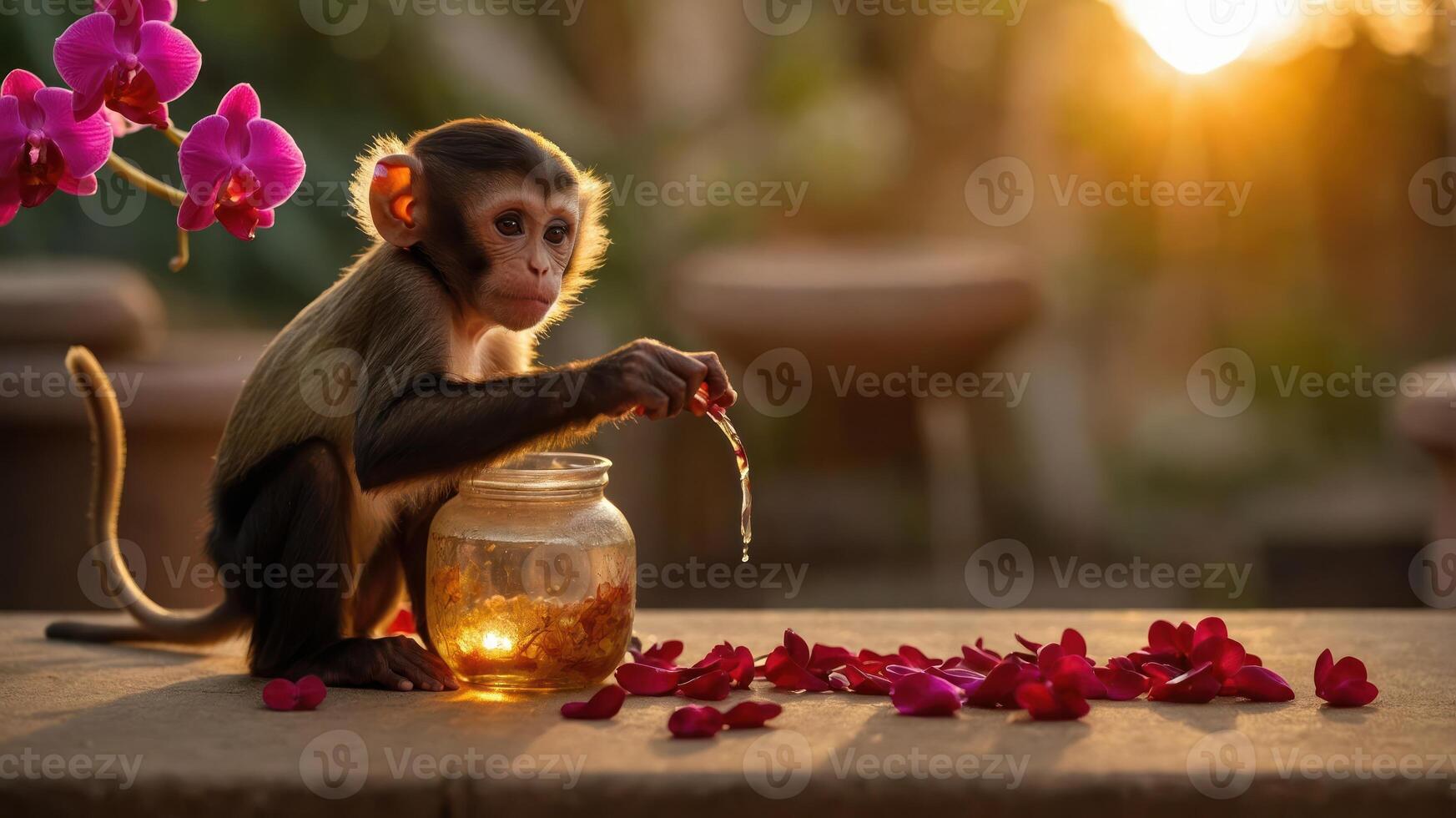 A monkey playfully interacting with a jar amidst scattered flower petals at sunset. photo
