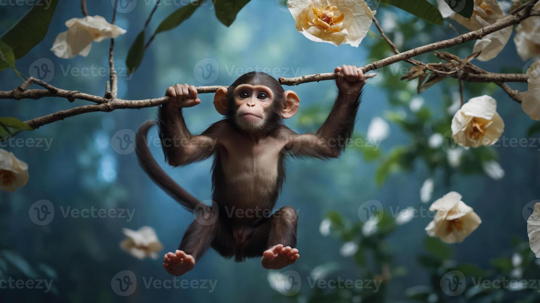 A young monkey hanging from a branch surrounded by flowers in a lush forest setting. photo