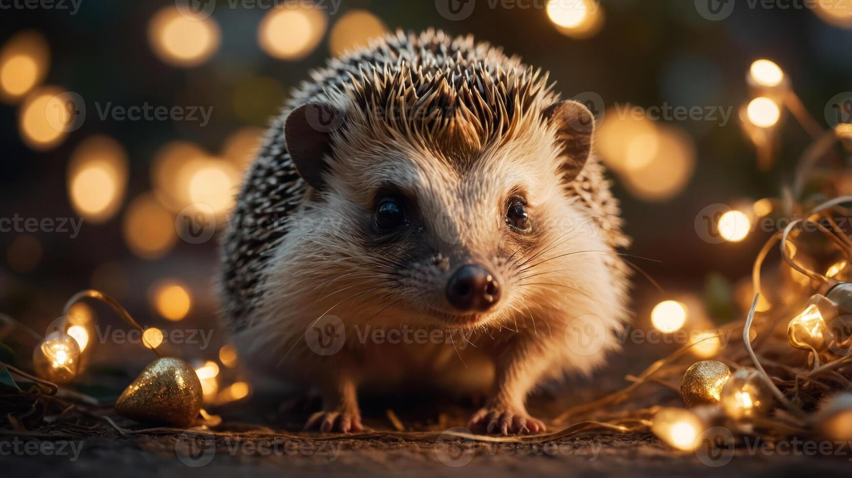 A cute hedgehog surrounded by warm, glowing fairy lights, creating a cozy atmosphere. photo