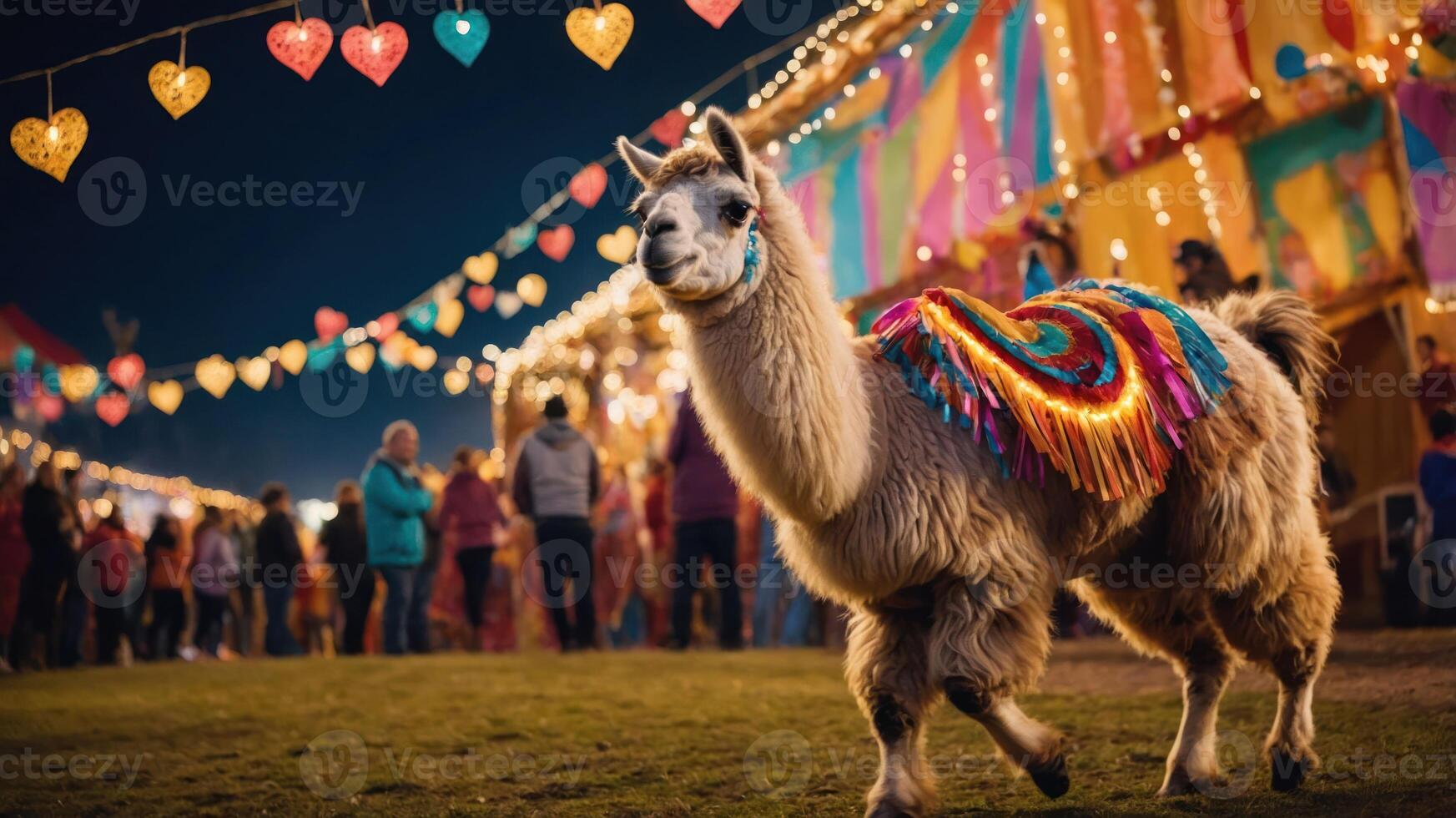 A festive scene featuring a decorated llama at a vibrant fair with colorful lights. photo