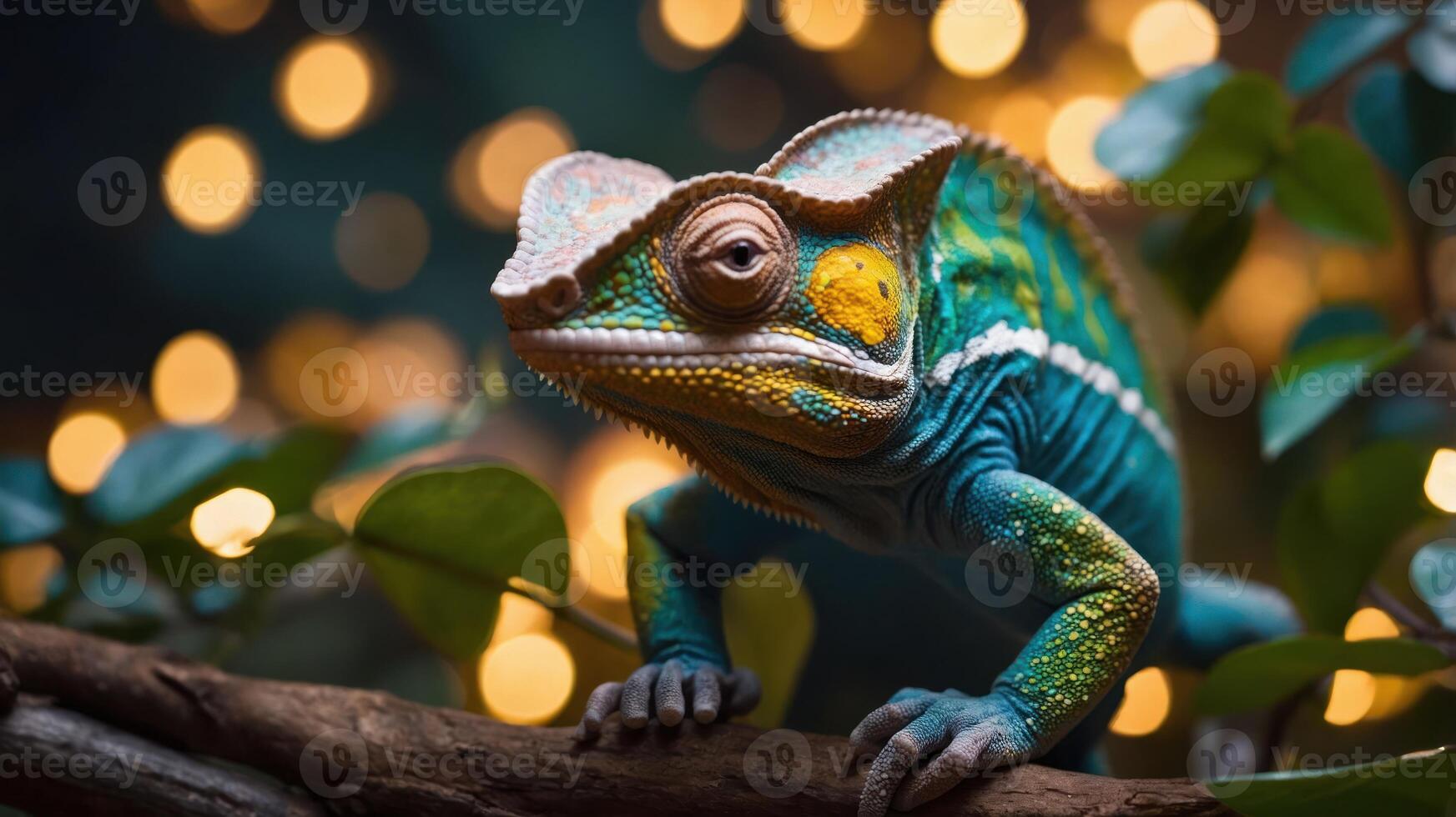 A vibrant chameleon perched on a branch with a blurred, glowing background. photo