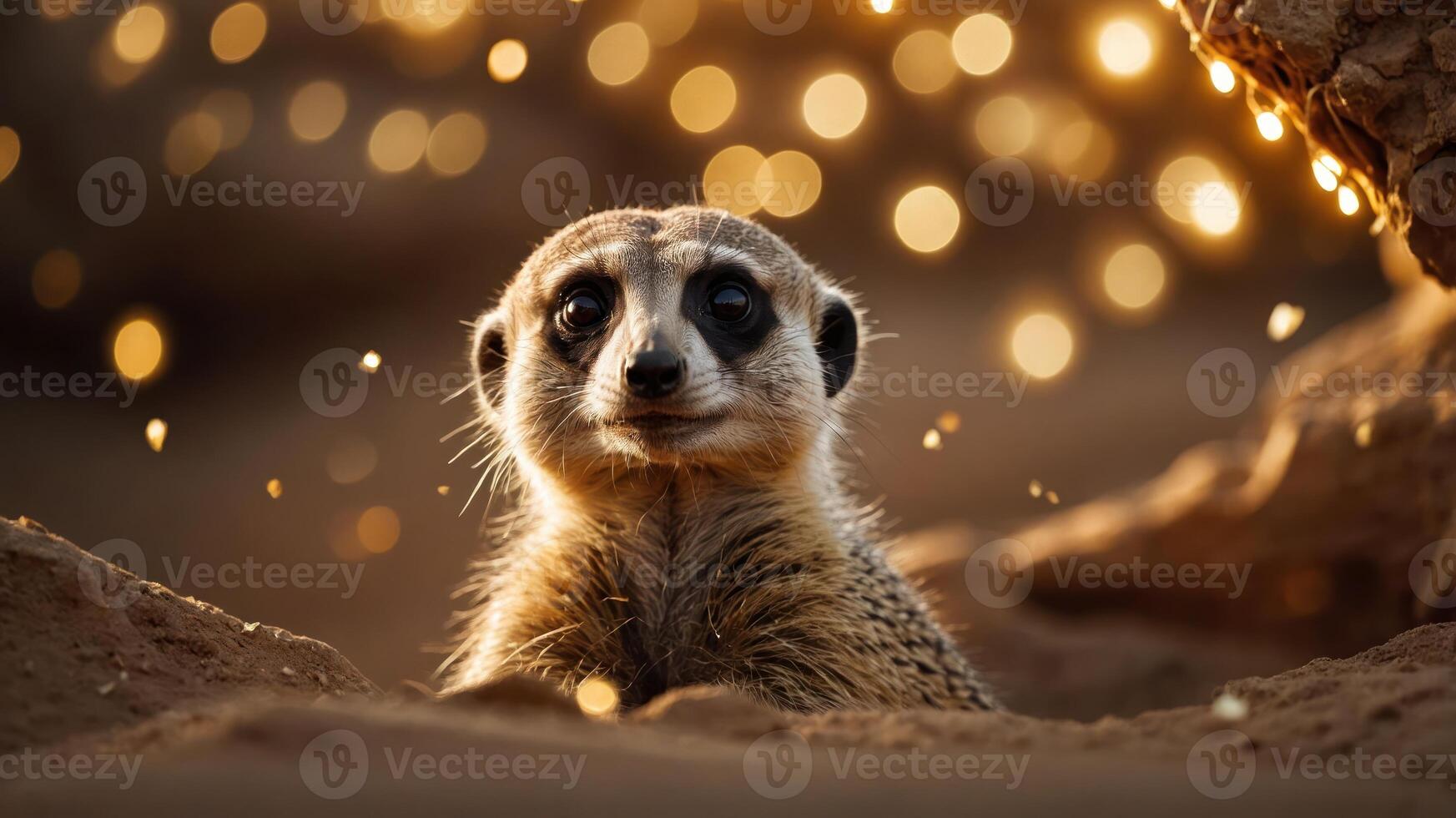 A curious meerkat peeks out from the sandy ground, illuminated by soft, glowing light. photo