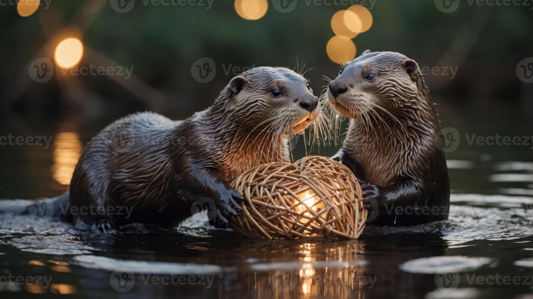 Two otters play with a woven ball in a serene water setting illuminated by soft lights. photo