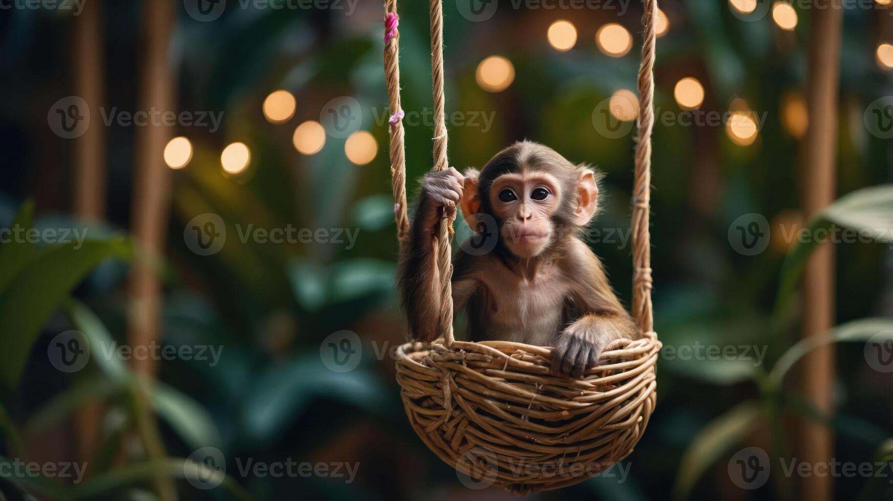 A monkey sitting in a woven basket surrounded by greenery and soft lights. photo