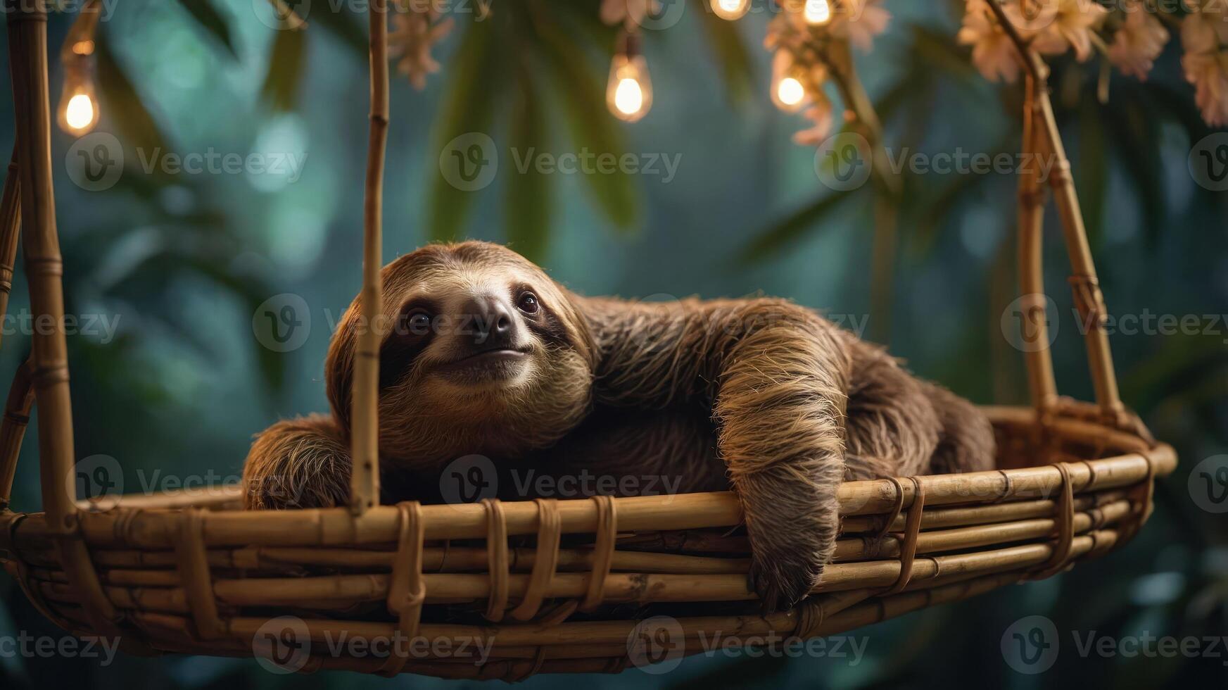 A sloth relaxes in a bamboo swing surrounded by lush greenery and soft lighting. photo