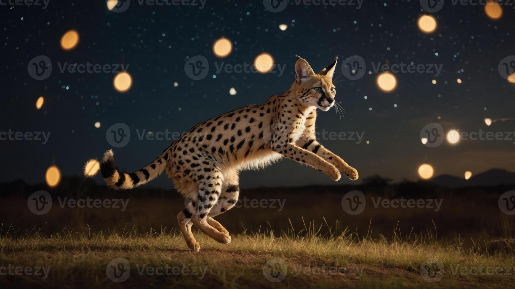 A serval leaps gracefully under a starry sky, surrounded by glowing orbs of light. photo