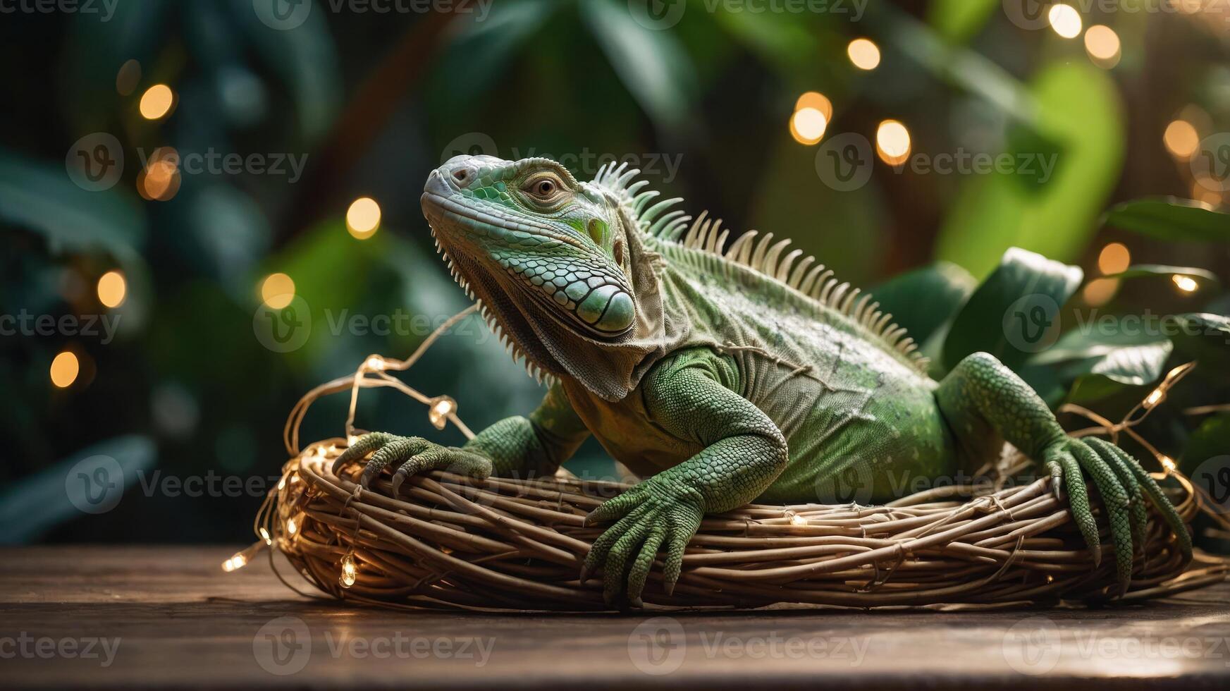 A green iguana resting on a woven nest surrounded by soft lights and lush foliage. photo