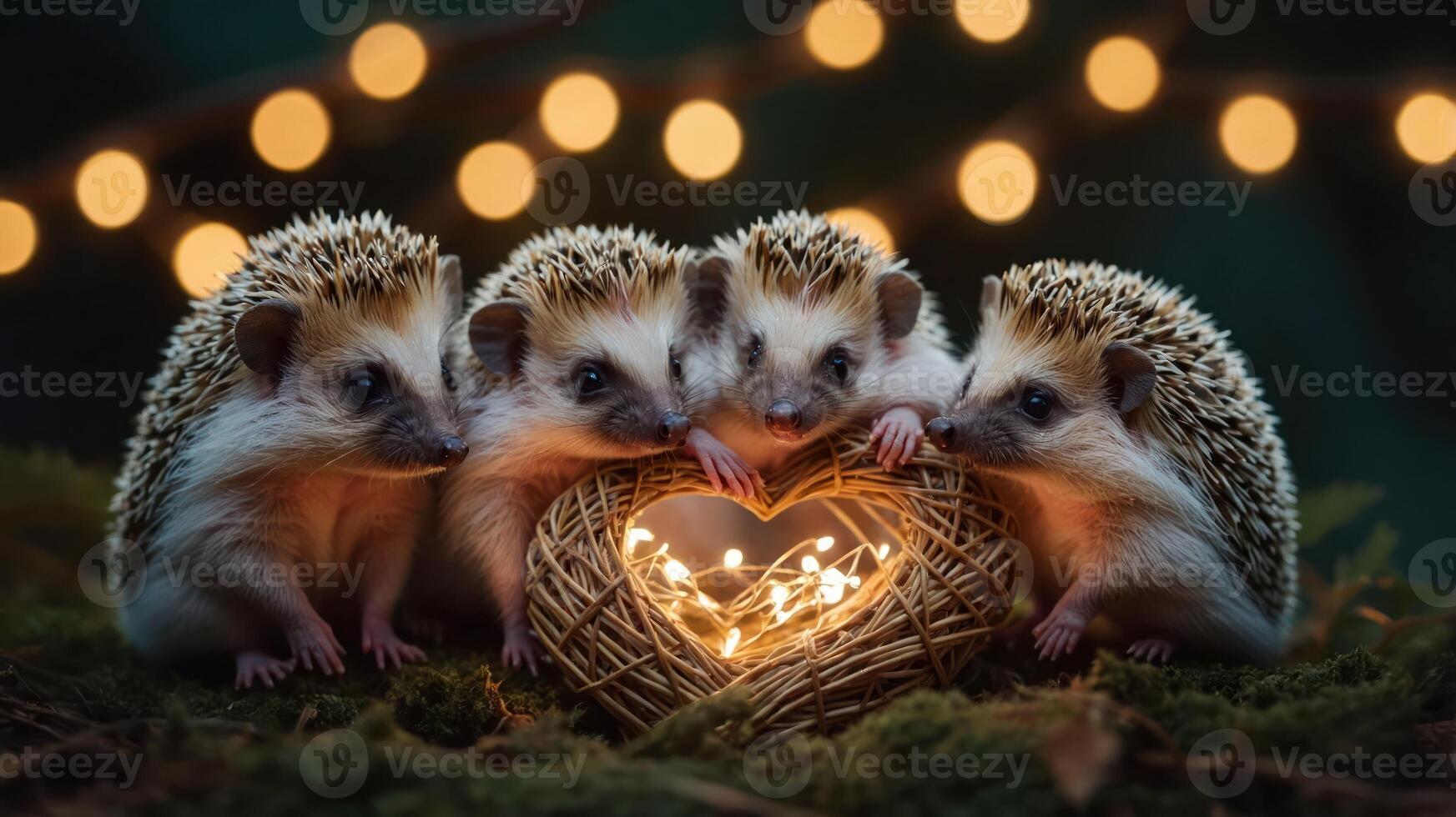 Four hedgehogs around a heart-shaped light display, creating a warm, cozy atmosphere. photo