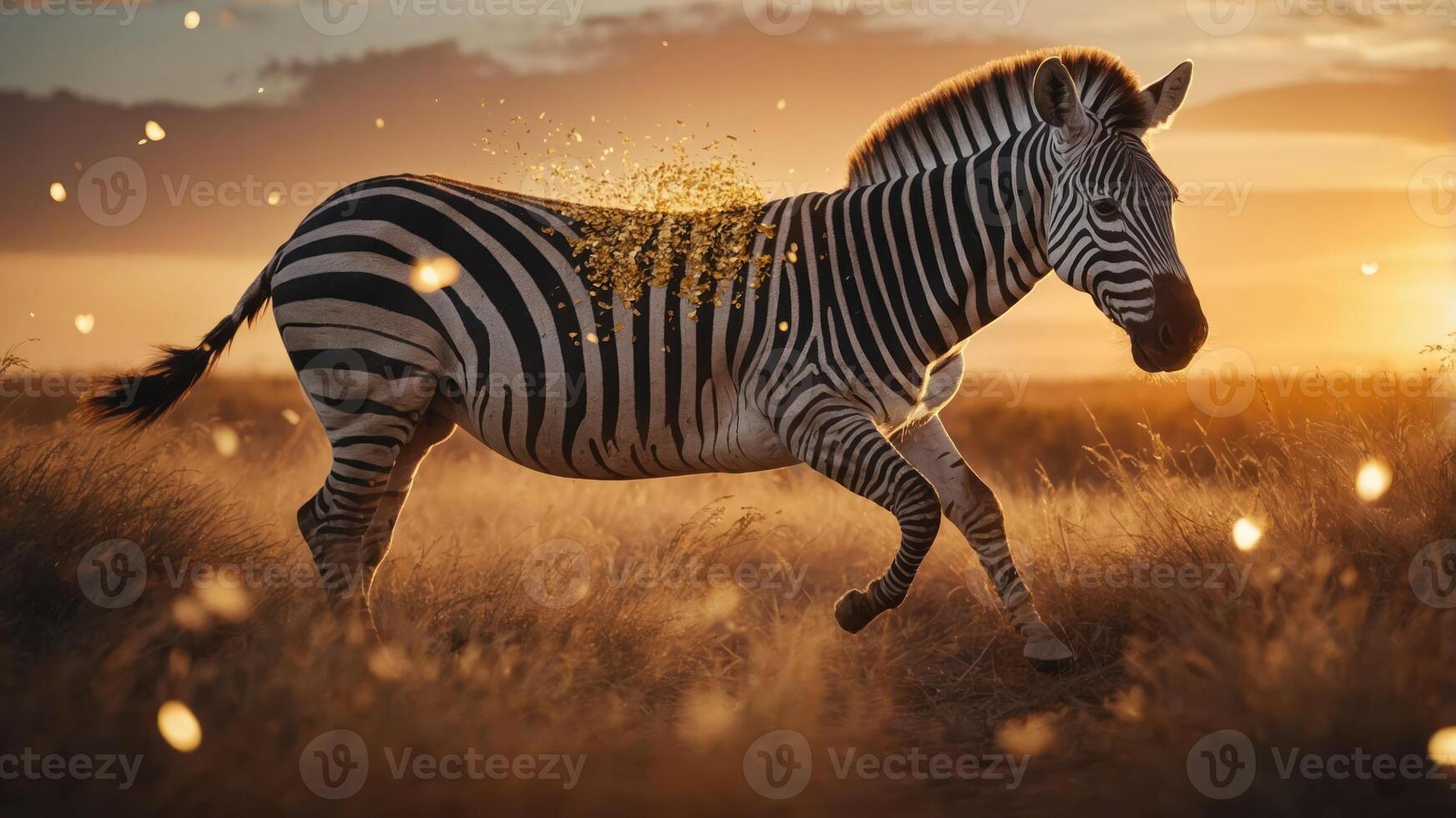 A zebra running through a golden grassland at sunset, surrounded by glowing particles. photo