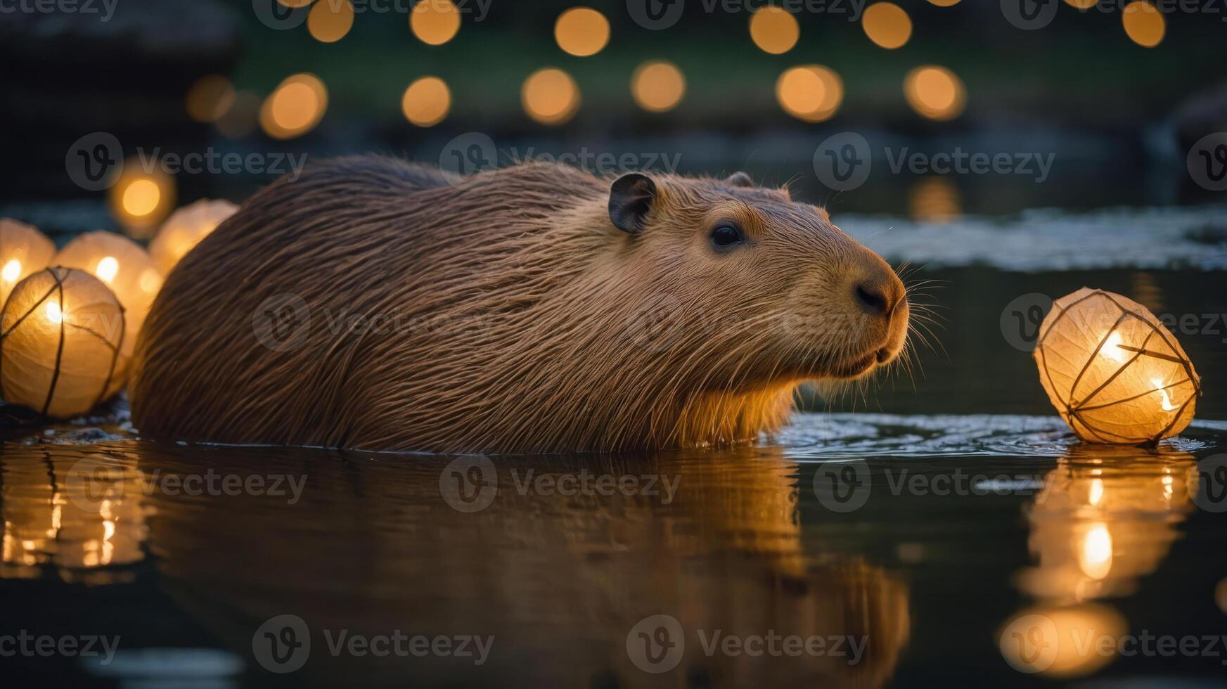 A capybara floats in a serene pond surrounded by glowing lanterns at dusk. photo