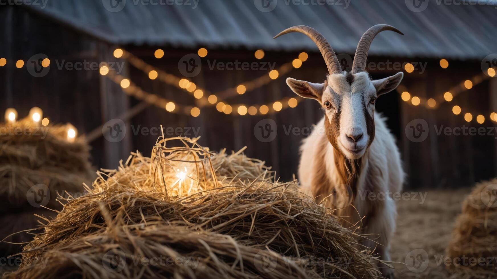 A goat stands beside hay bales illuminated by warm lights in a rustic barn setting. photo