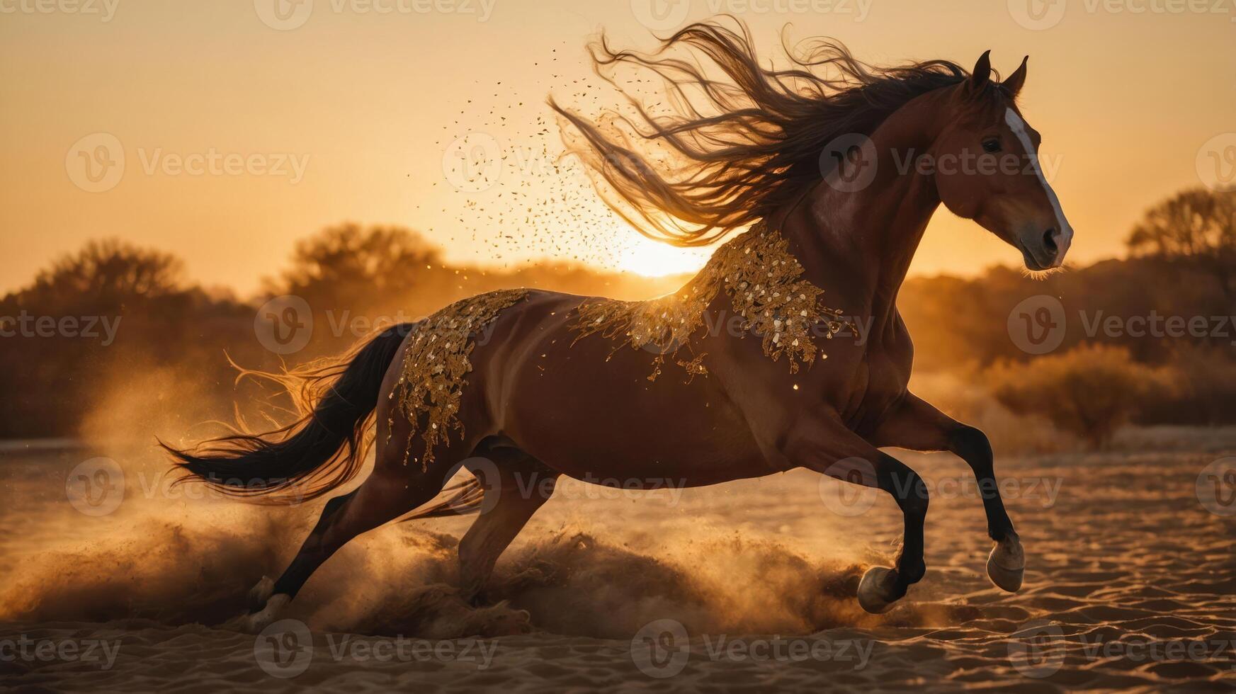 A majestic horse galloping through a sandy landscape at sunset, creating a dynamic scene. photo