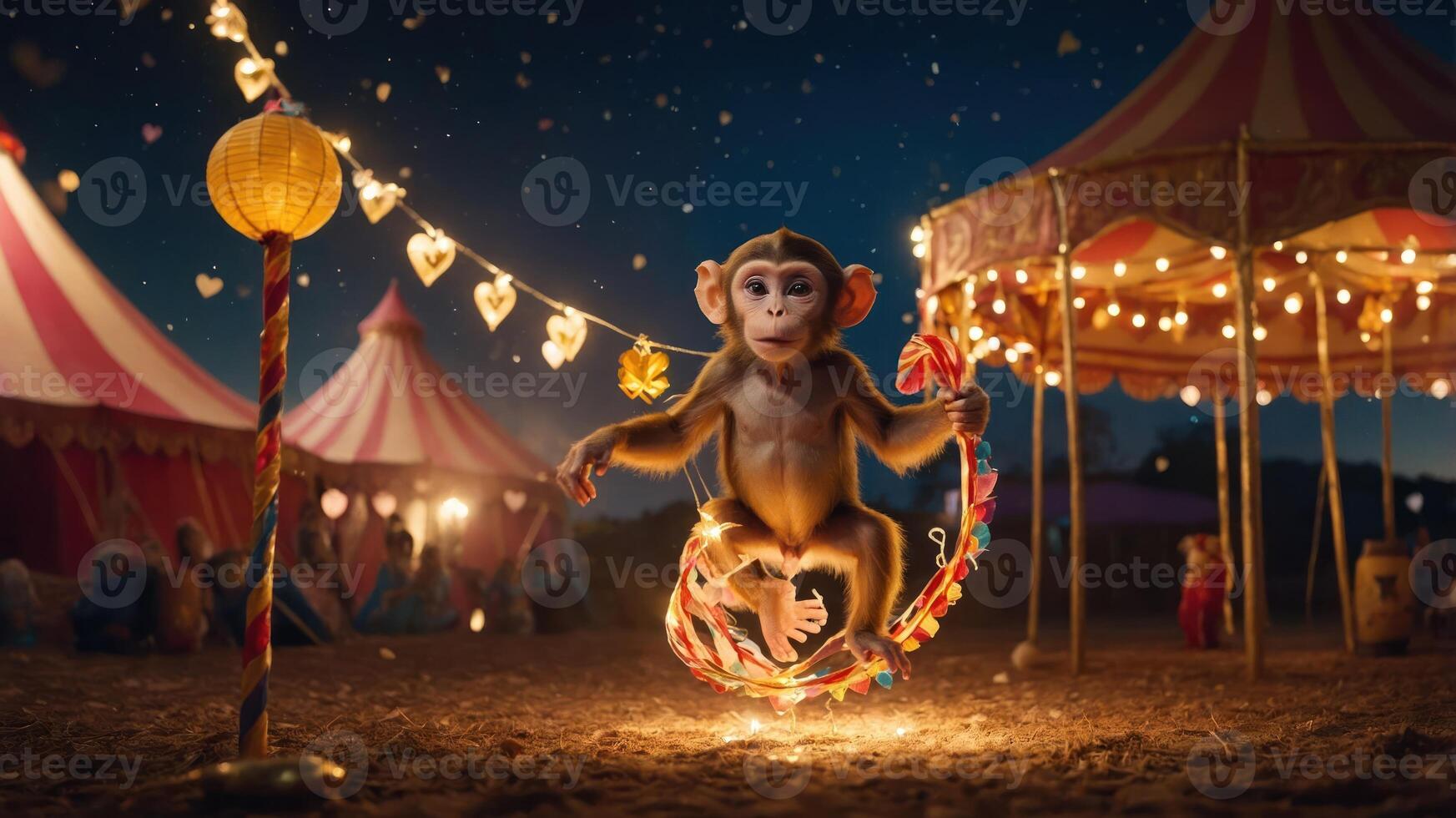 A whimsical scene featuring a monkey jumping rope in a festive carnival setting. photo