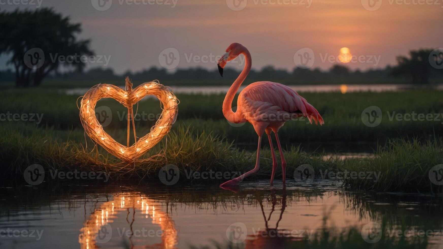 A serene sunset scene featuring a flamingo beside a heart-shaped light decoration. photo
