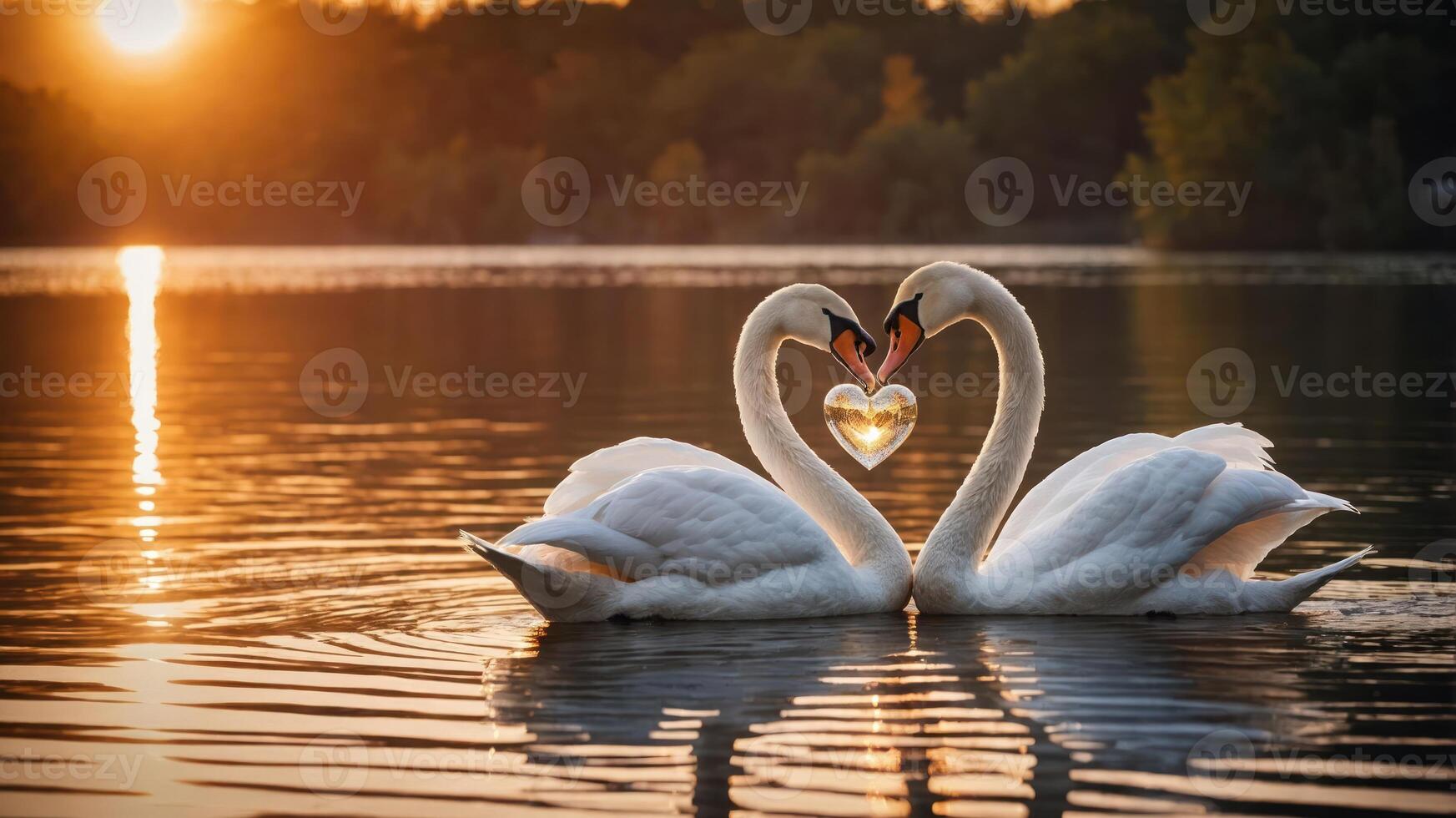 Two swans forming a heart shape with their necks at sunset over a tranquil lake. photo