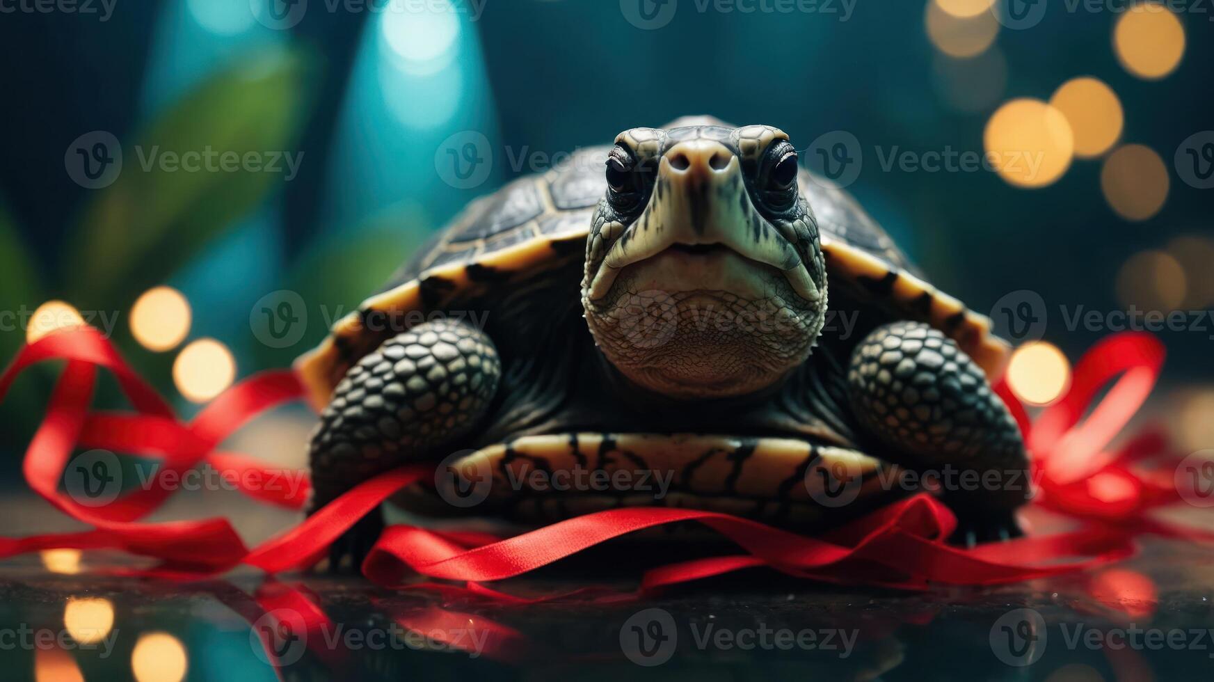 A close-up of a turtle adorned with red ribbons, set against a soft, illuminated background. photo