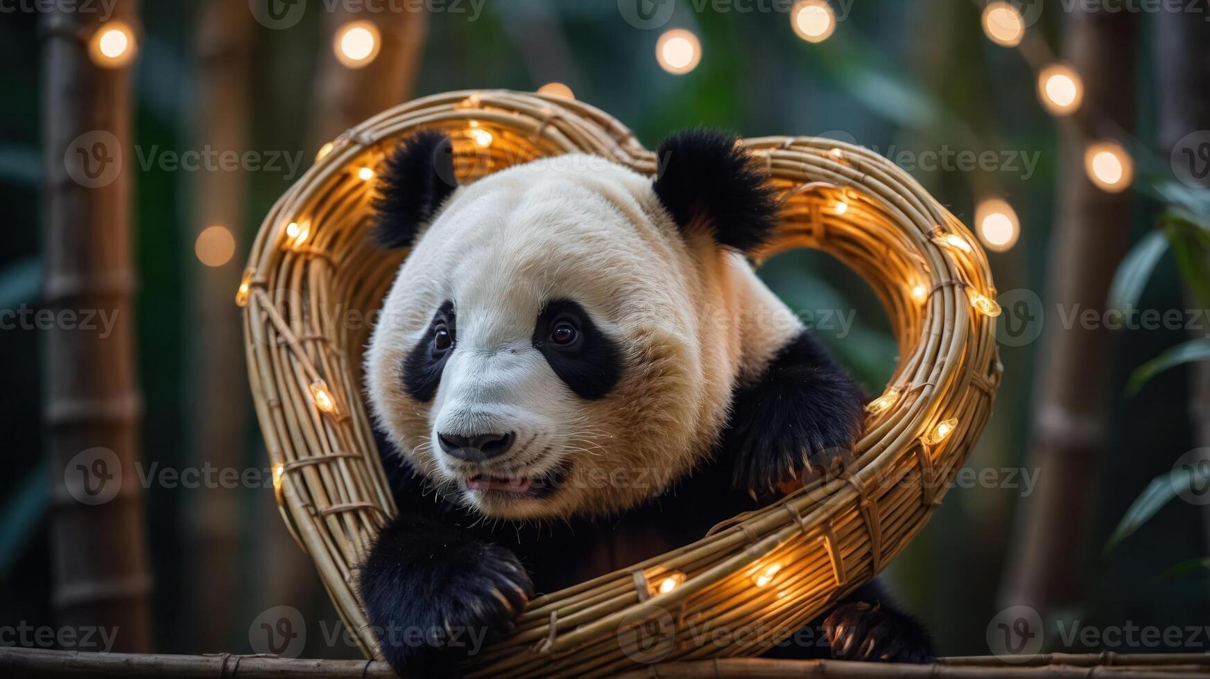 A panda playfully nestled in a heart-shaped basket adorned with lights. photo