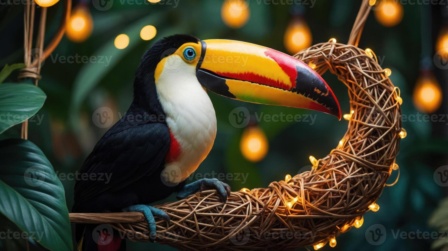 A colorful toucan perched on a decorative crescent, surrounded by warm lights and greenery. photo