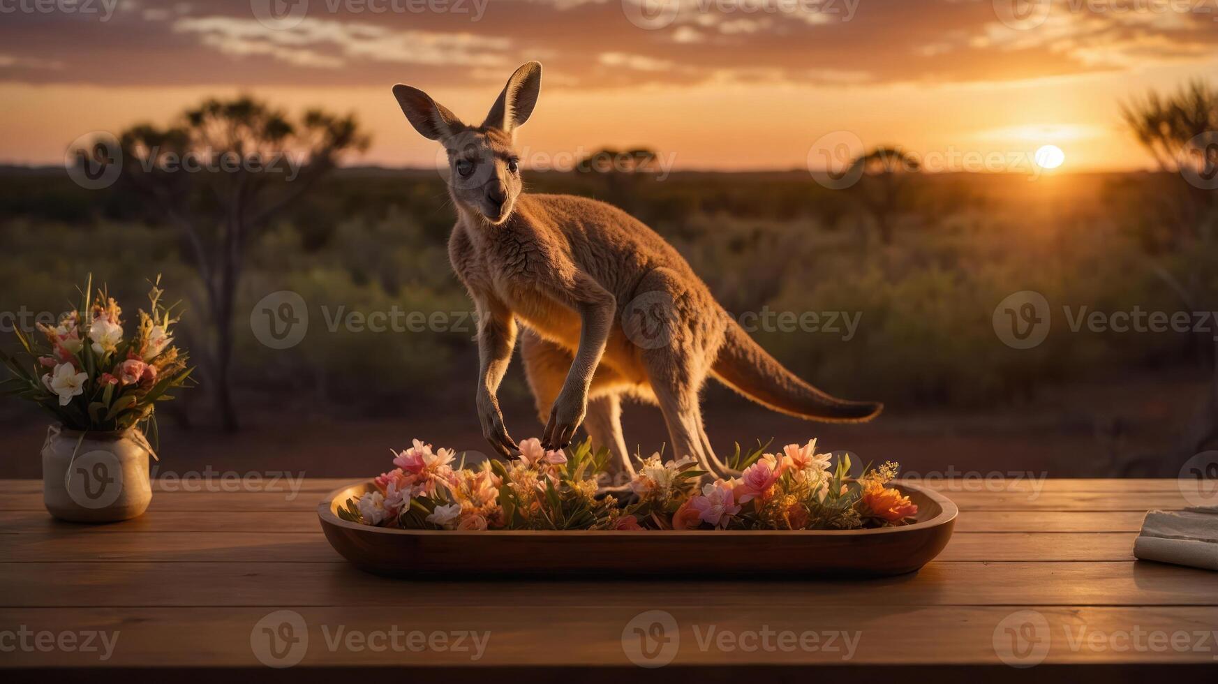 A kangaroo stands on a wooden table adorned with flowers, set against a sunset landscape. photo