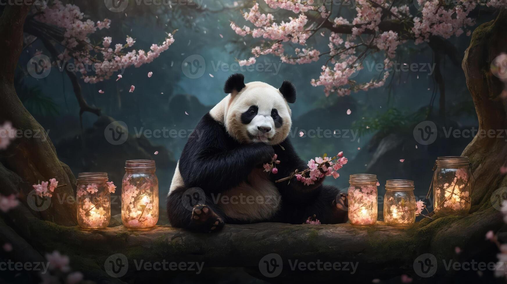 A serene panda sits among cherry blossoms, illuminated by glowing jars. photo