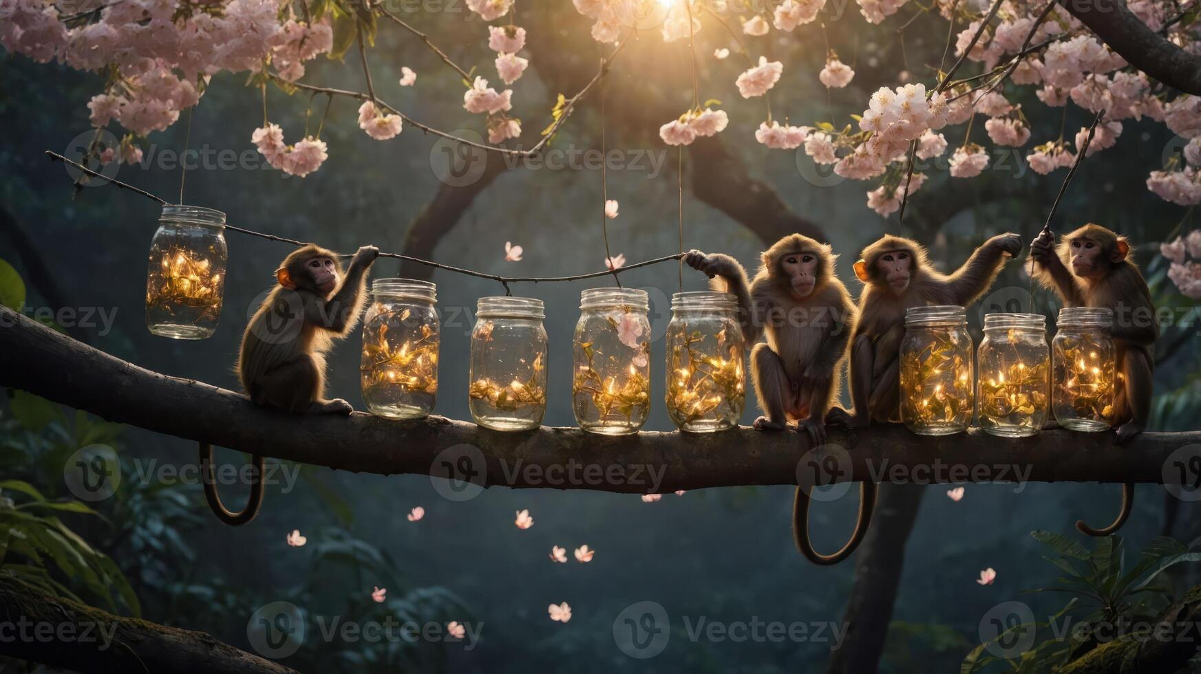 Monkeys gather around glowing jars on a tree branch under blooming flowers. photo