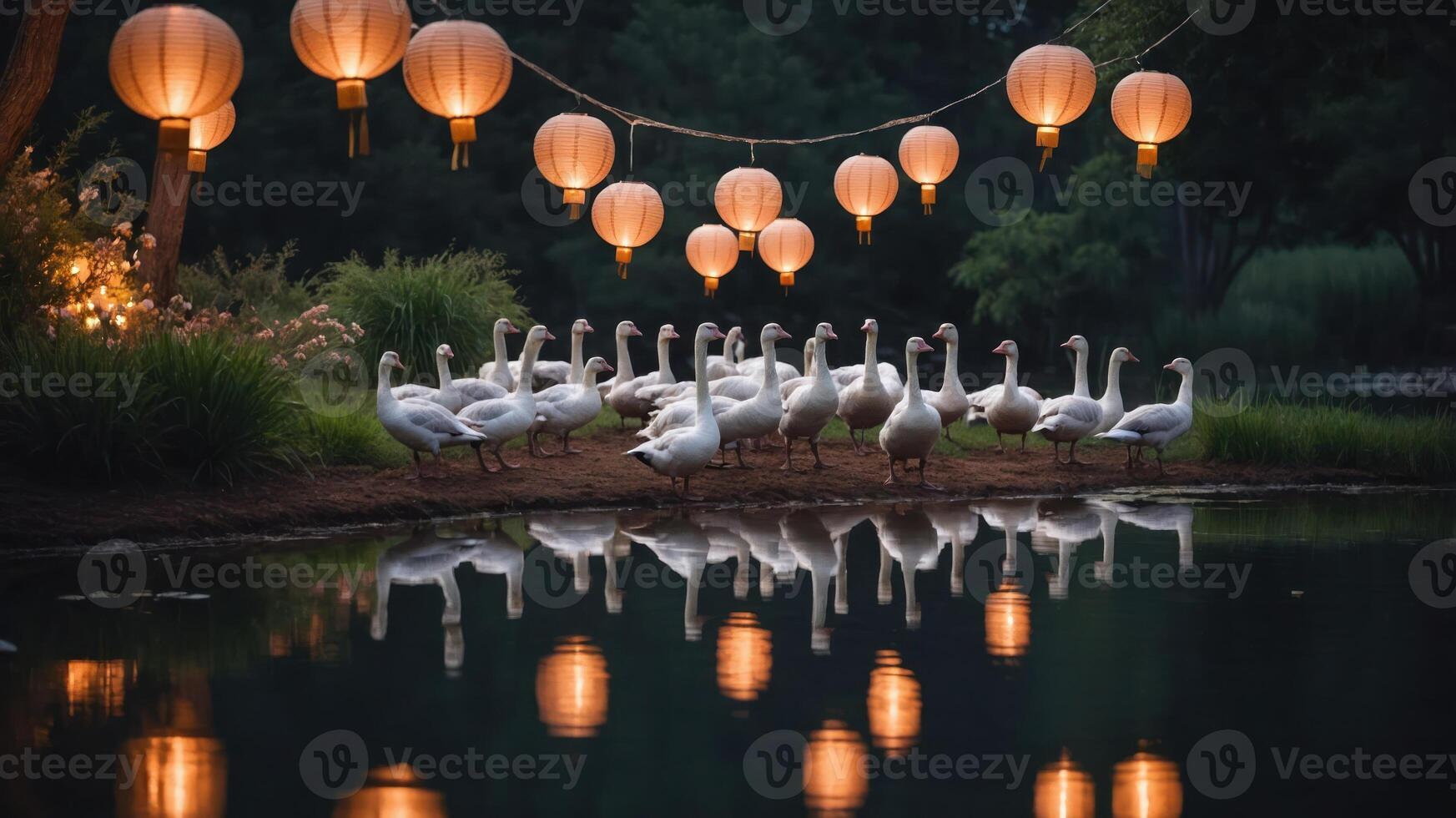 A serene scene of geese by a pond, illuminated by glowing lanterns. photo