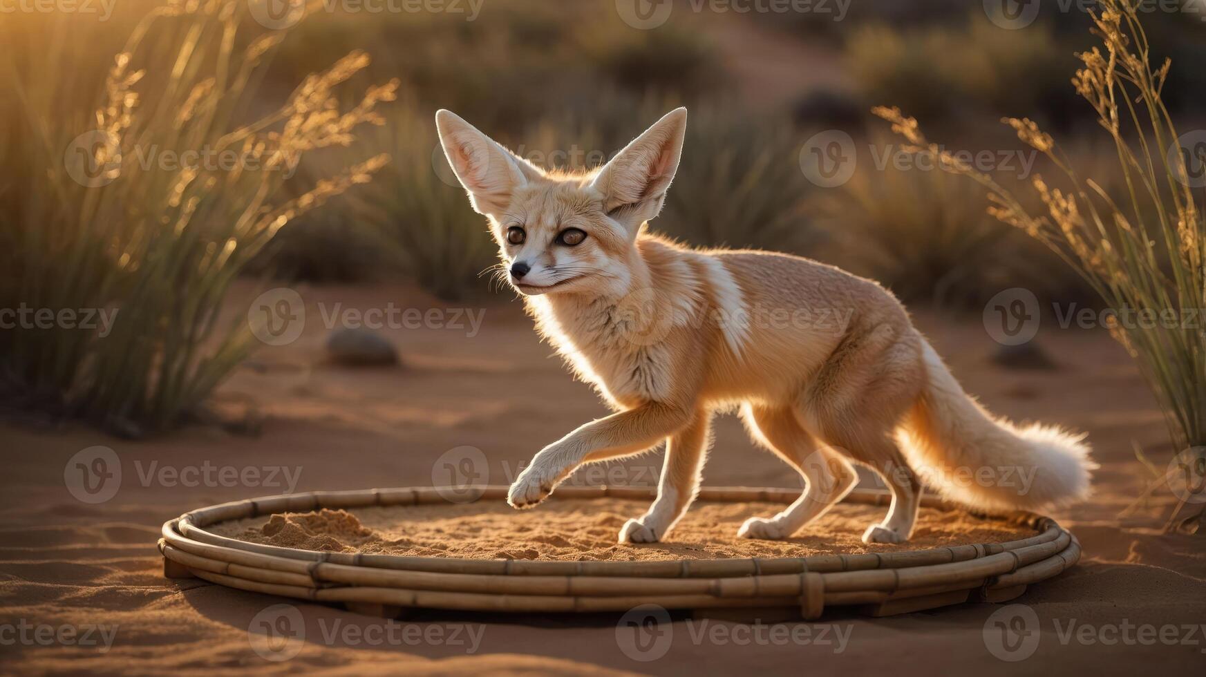 A fennec fox gracefully walks on a circular mat in a sandy desert landscape during sunset. photo