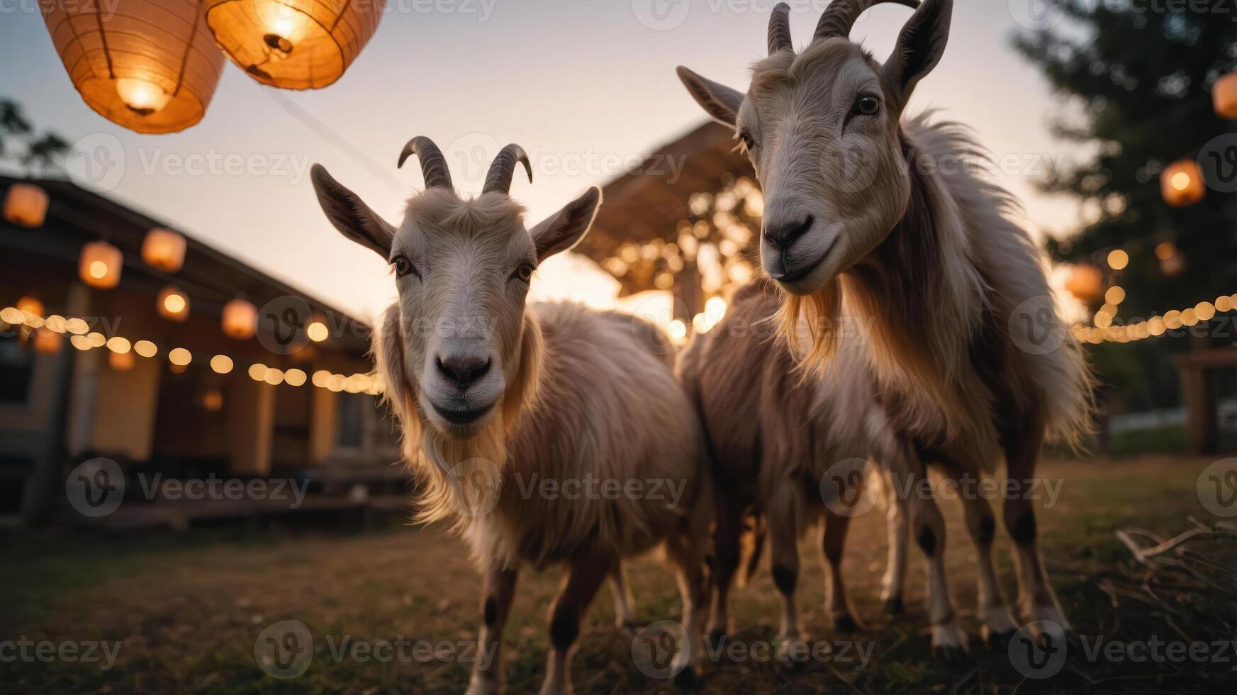 Two goats standing in a softly lit outdoor setting with hanging lanterns. photo