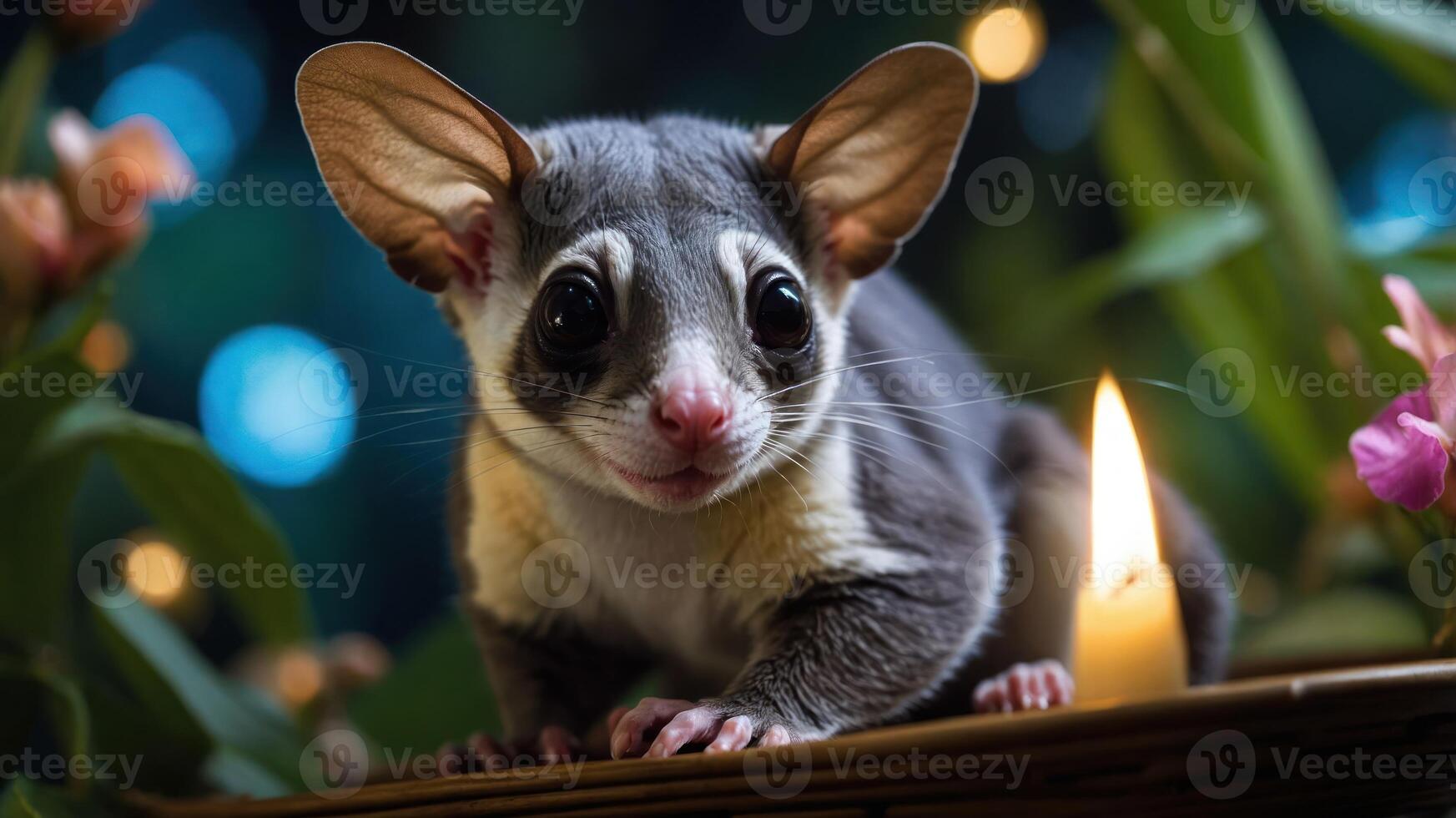 A close-up of a cute sugar glider beside a candle, surrounded by plants and soft lighting. photo