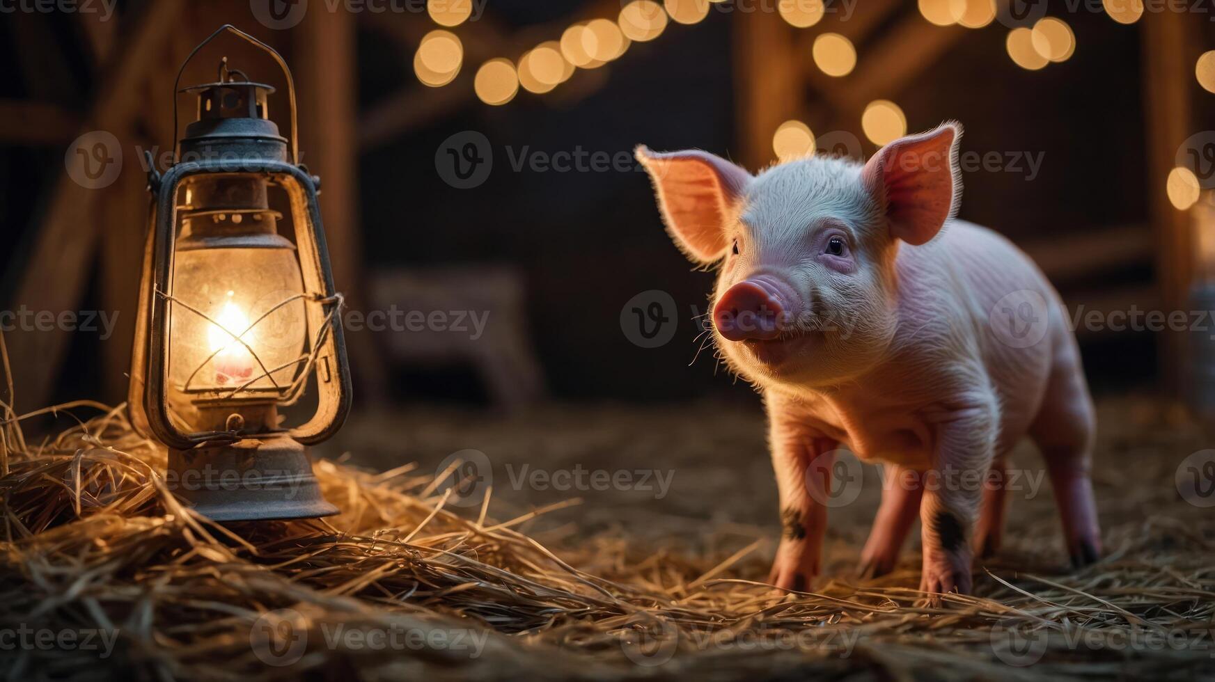 A cute piglet stands beside a glowing lantern in a cozy barn setting. photo