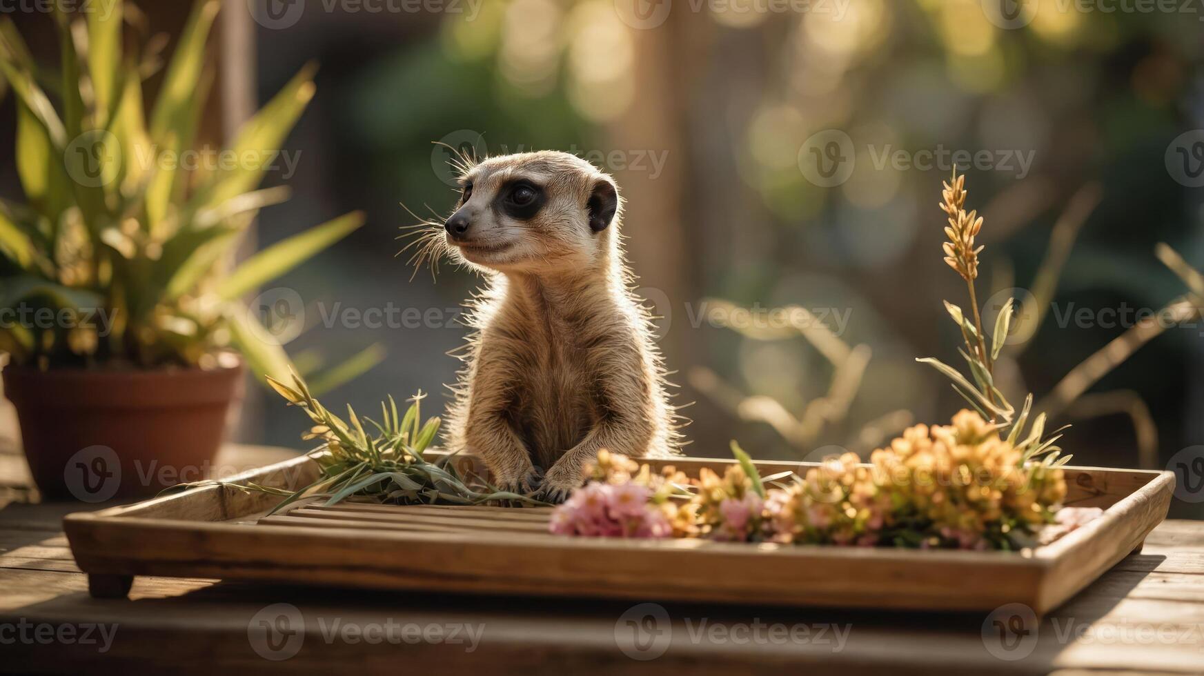 A curious meerkat perched on a wooden tray surrounded by flowers and greenery. photo