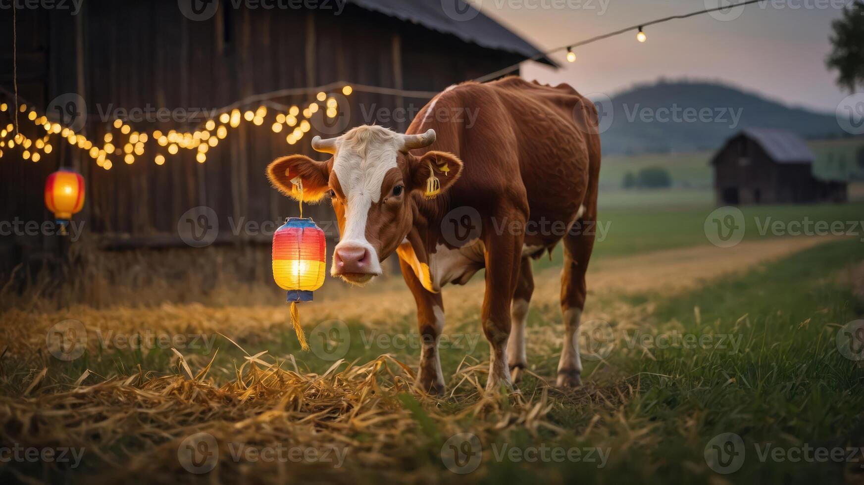 A cow stands in a field near a barn, illuminated by colorful lanterns at dusk. photo