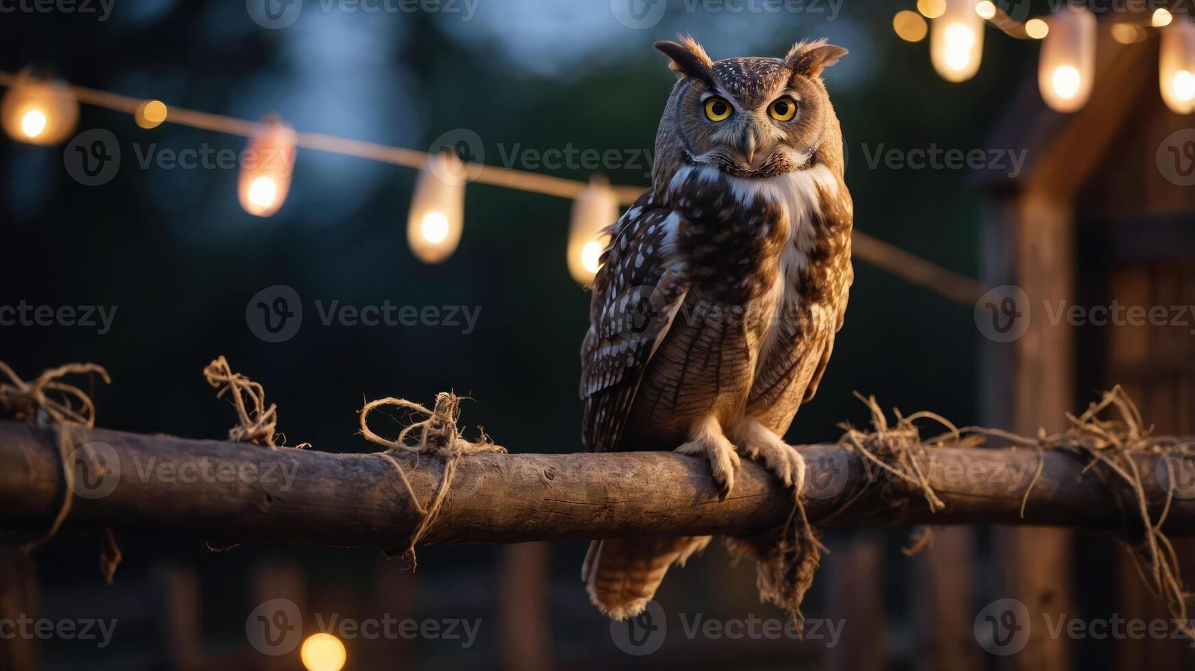 An owl perched on a wooden beam, illuminated by string lights in a twilight setting. photo