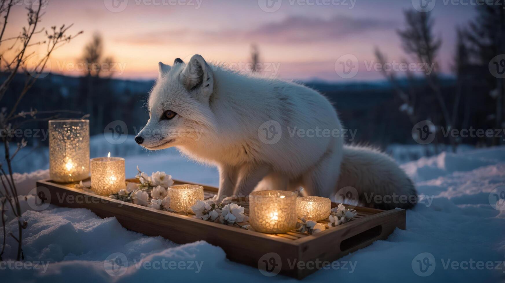 A serene arctic fox surrounded by glowing candles in a snowy landscape at dusk. photo