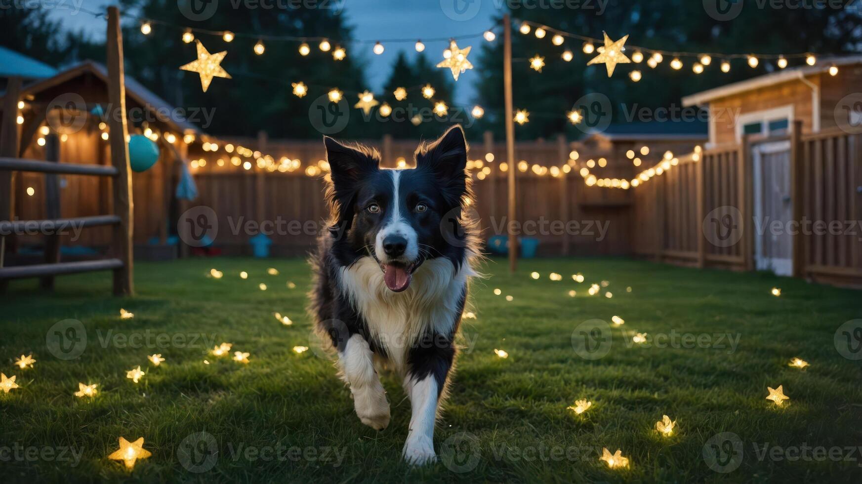 A joyful dog runs through a garden adorned with twinkling lights and stars at dusk. photo