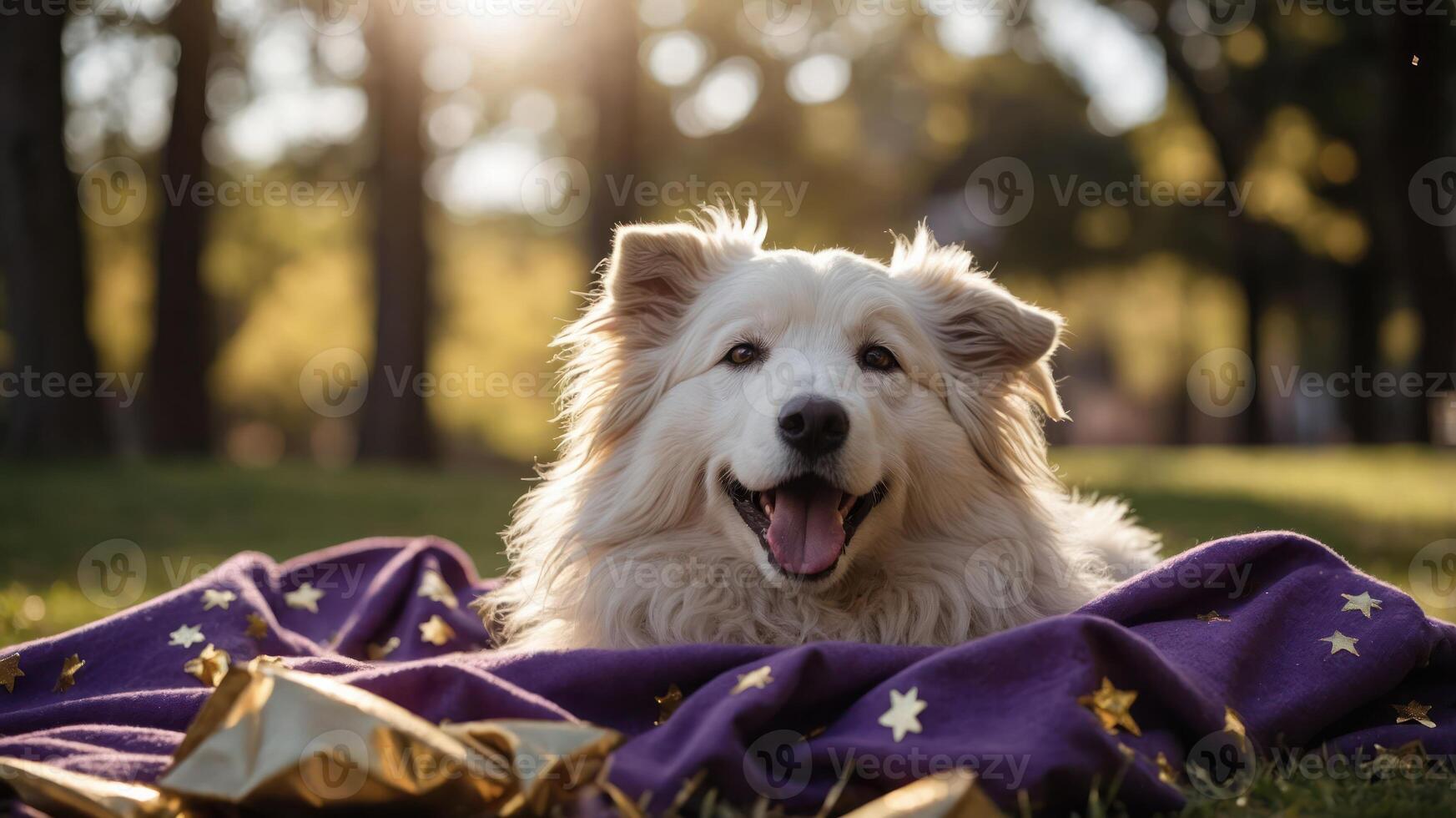A happy dog resting on a purple blanket with stars, surrounded by nature's beauty. photo
