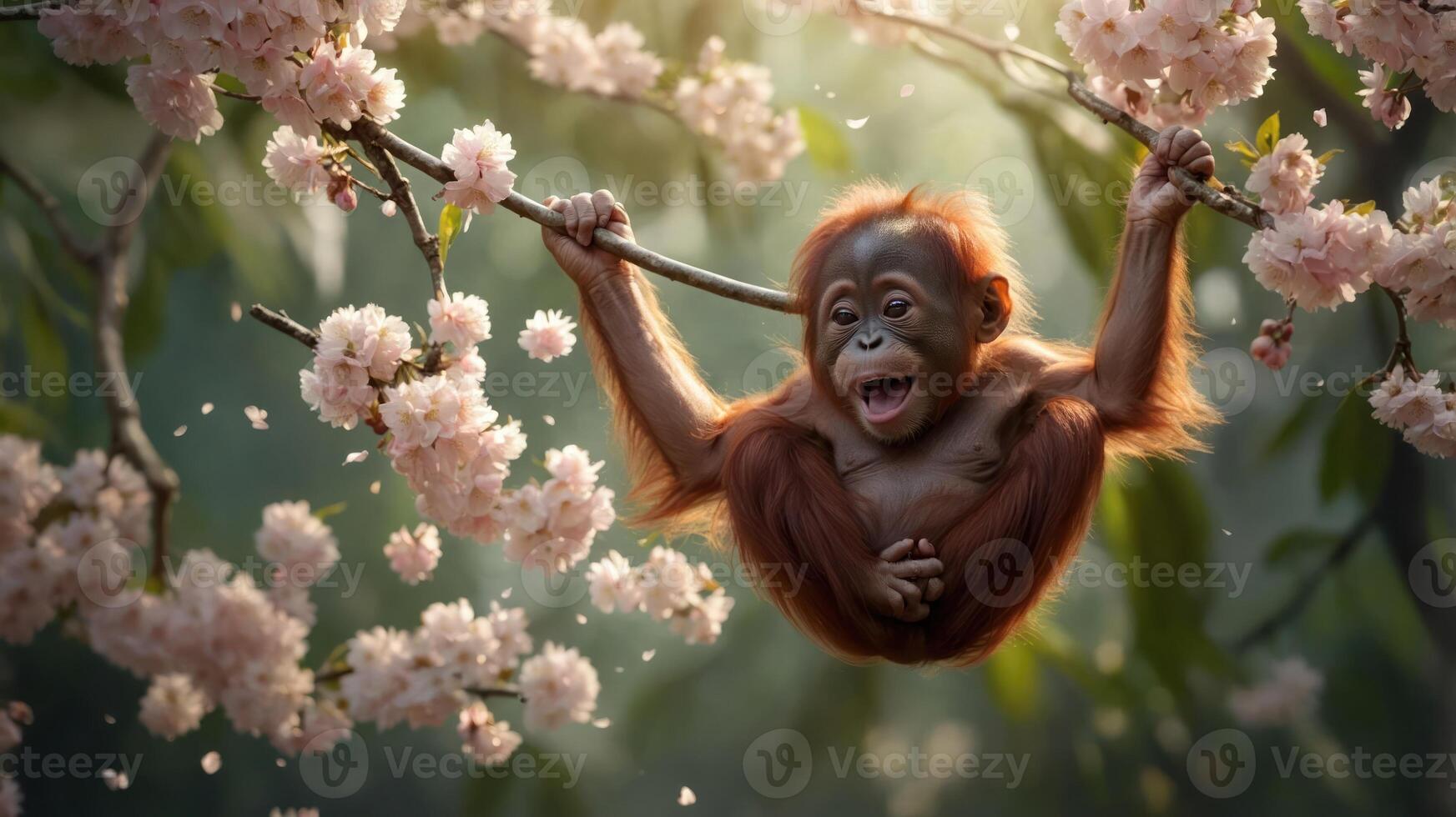 A playful orangutan hanging from a branch surrounded by cherry blossoms in a serene setting. photo