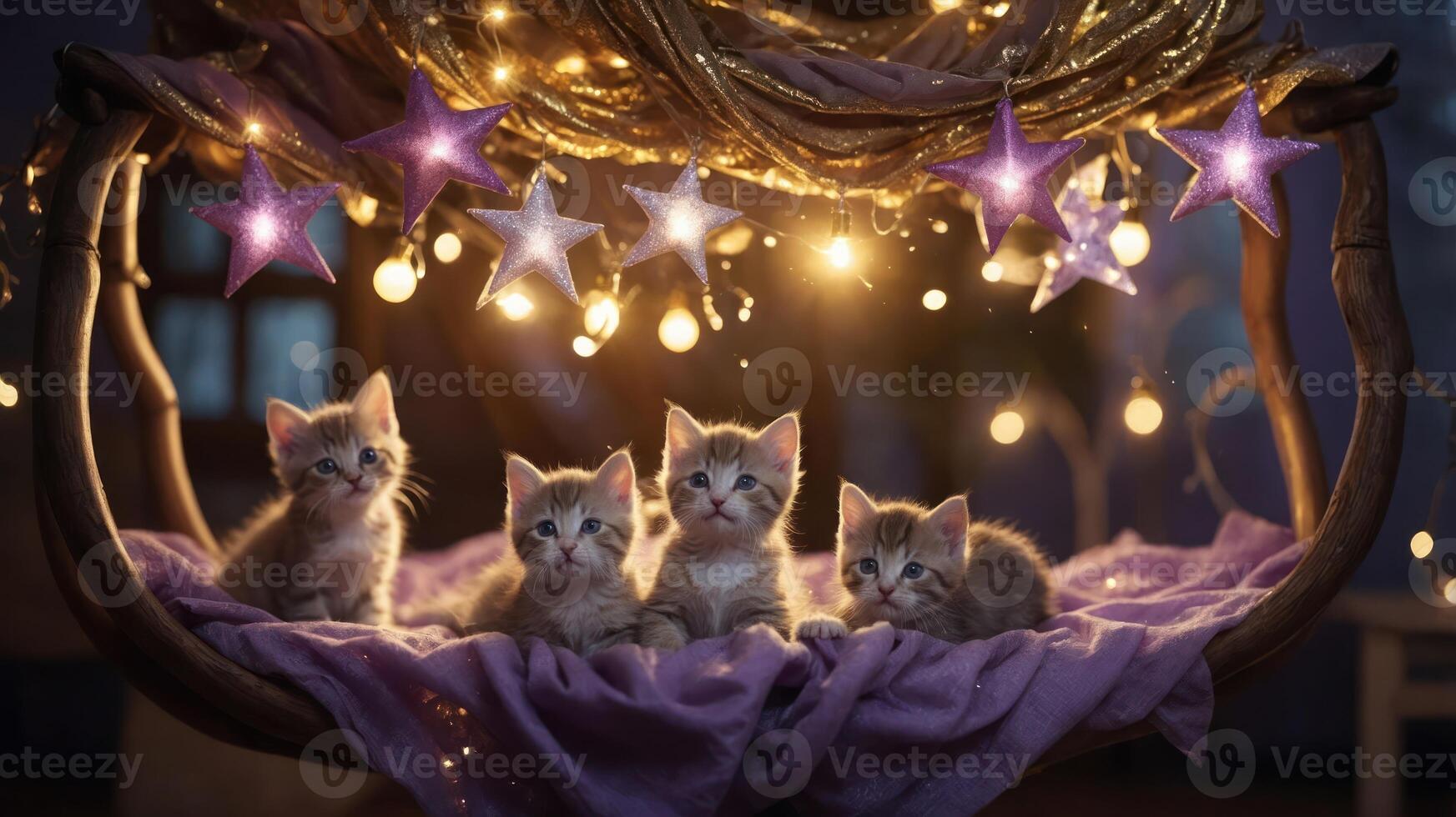 Four adorable kittens resting on a cozy blanket, surrounded by twinkling lights and stars. photo