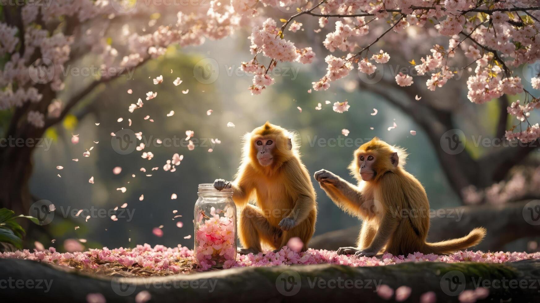 Two monkeys play with cherry blossoms near a jar in a serene, floral setting. photo