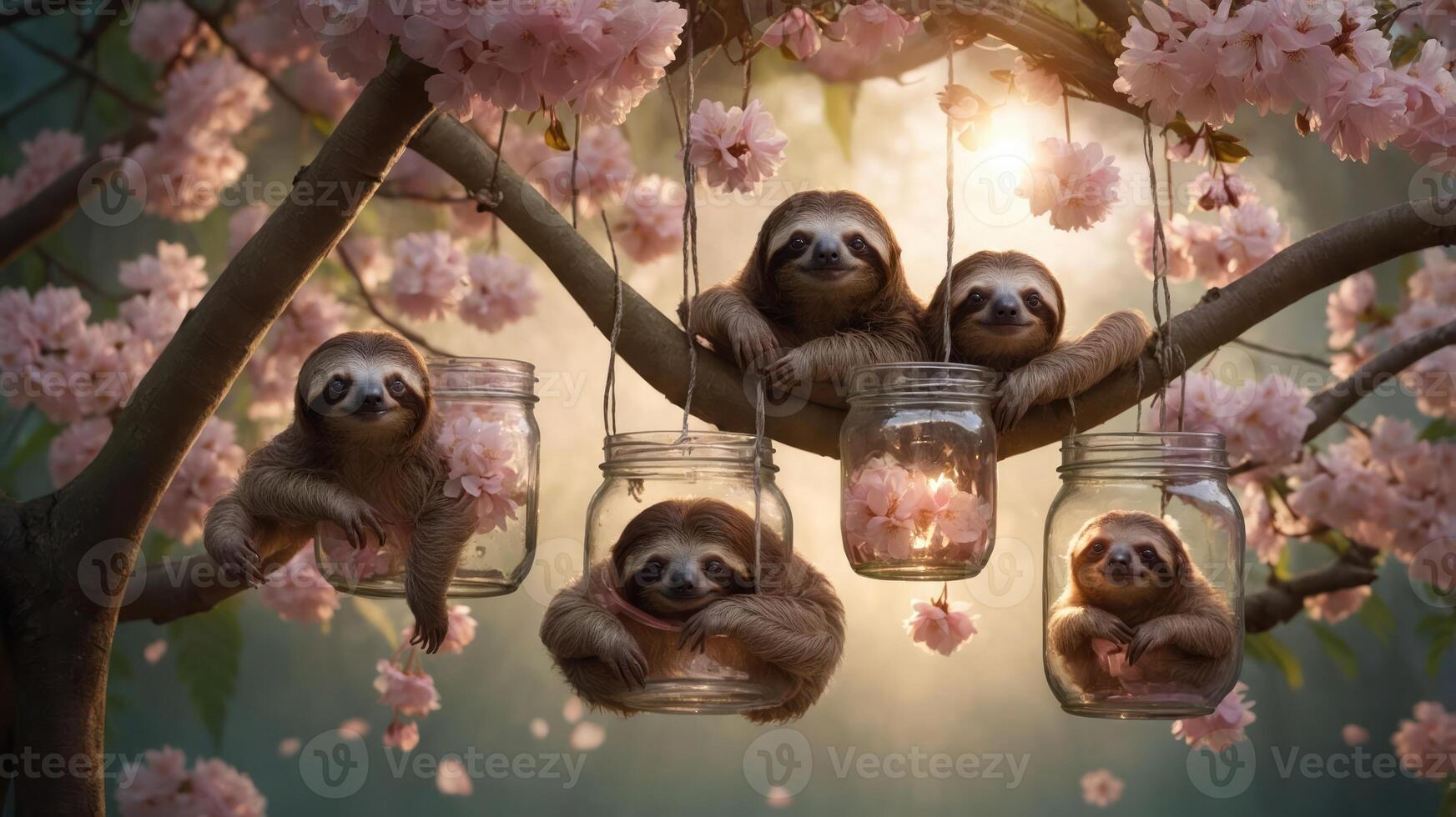 Five sloths relax in jars hanging from a cherry blossom tree, creating a whimsical scene. photo