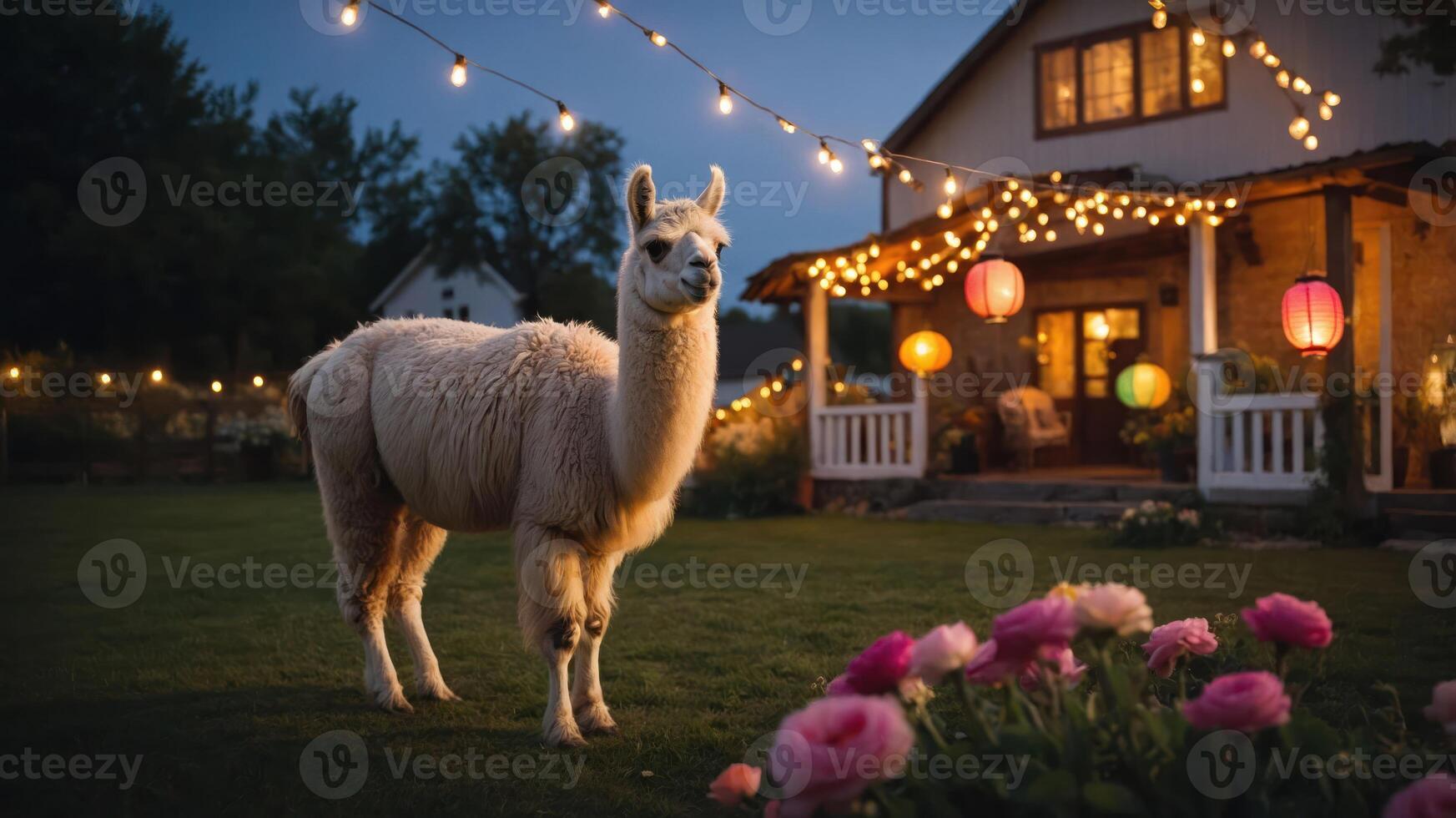 A serene evening scene featuring an alpaca in a garden with string lights and flowers. photo