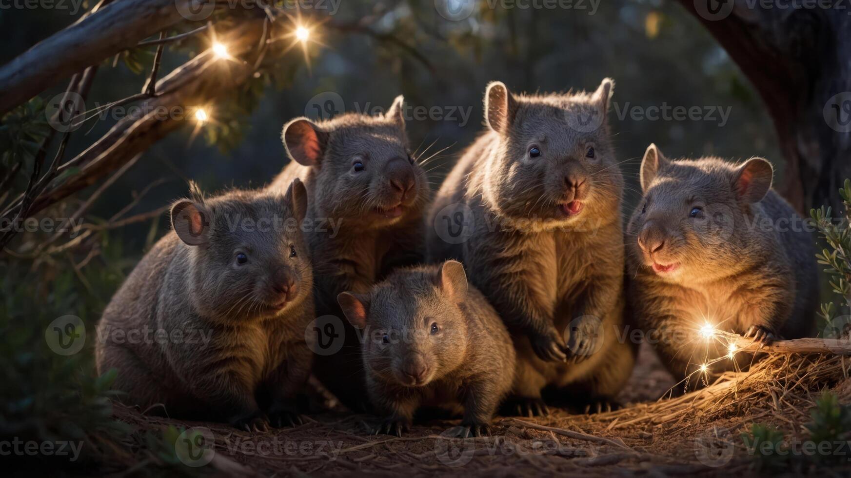 A group of five playful wombats gathered in a forest, illuminated by soft lights. photo