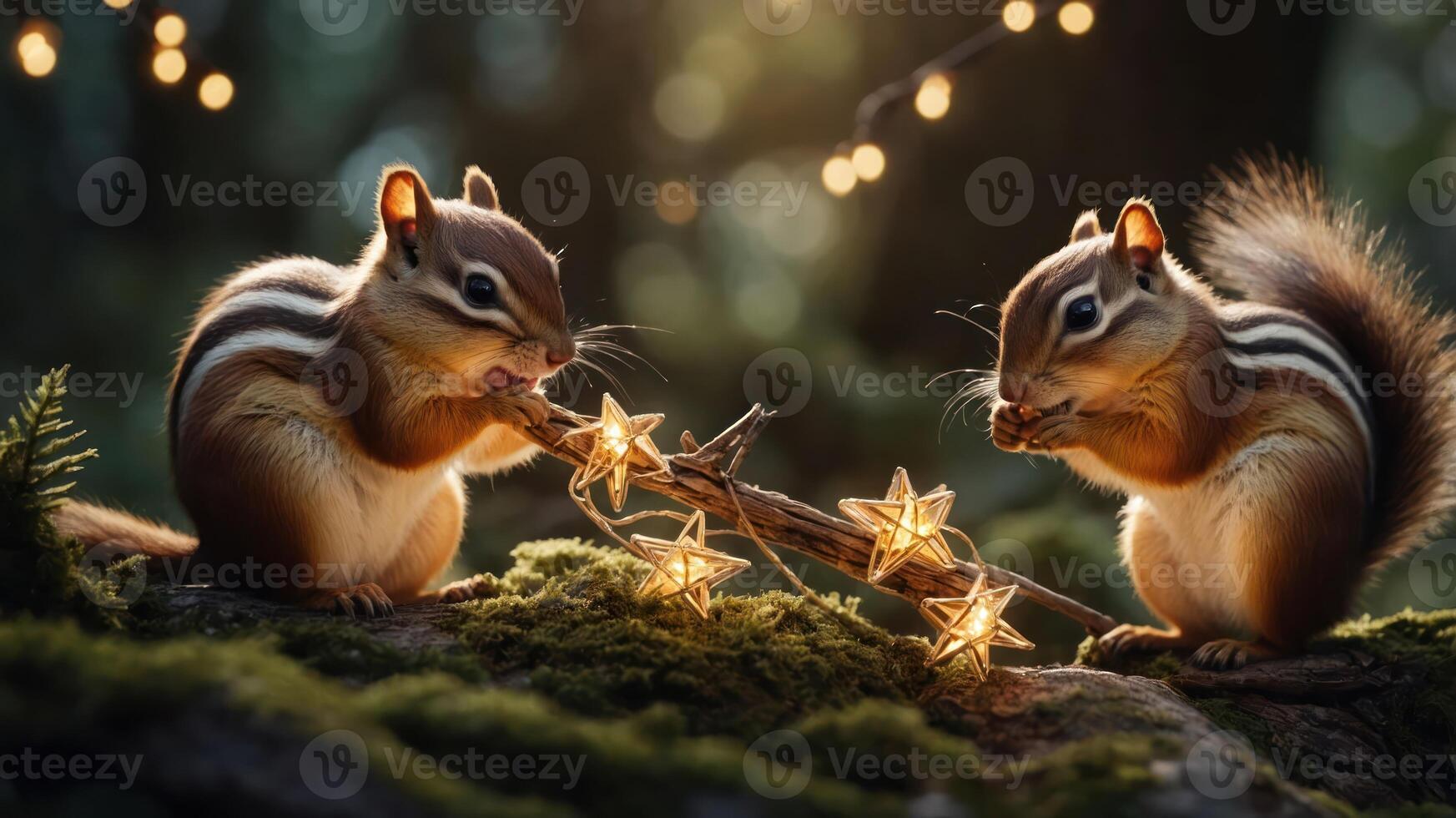 Two chipmunks play with glowing star-shaped lights in a serene forest setting. photo