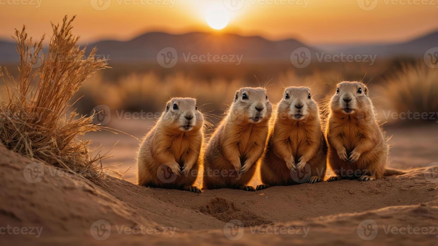 Four prairie dogs standing together at sunset in a desert landscape. photo