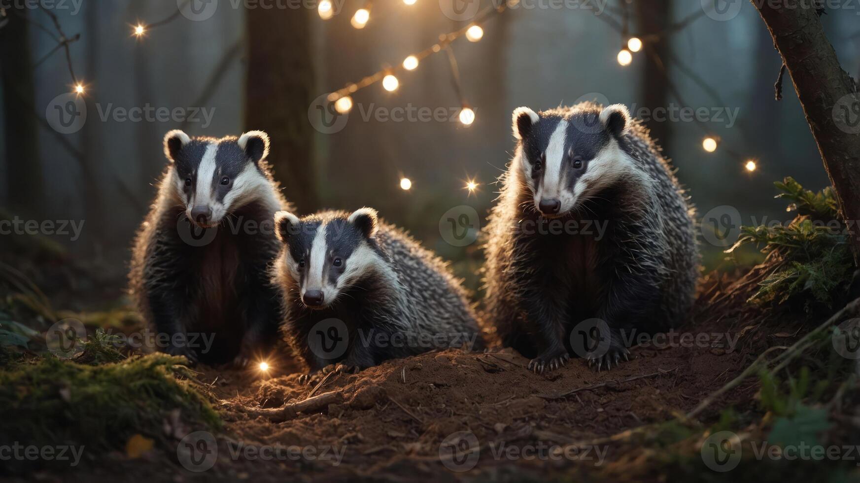 Three badgers in a misty forest, illuminated by soft lights. photo