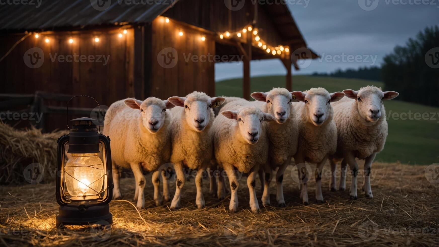 A group of sheep stands by a lantern near a barn, illuminated by string lights at dusk. photo